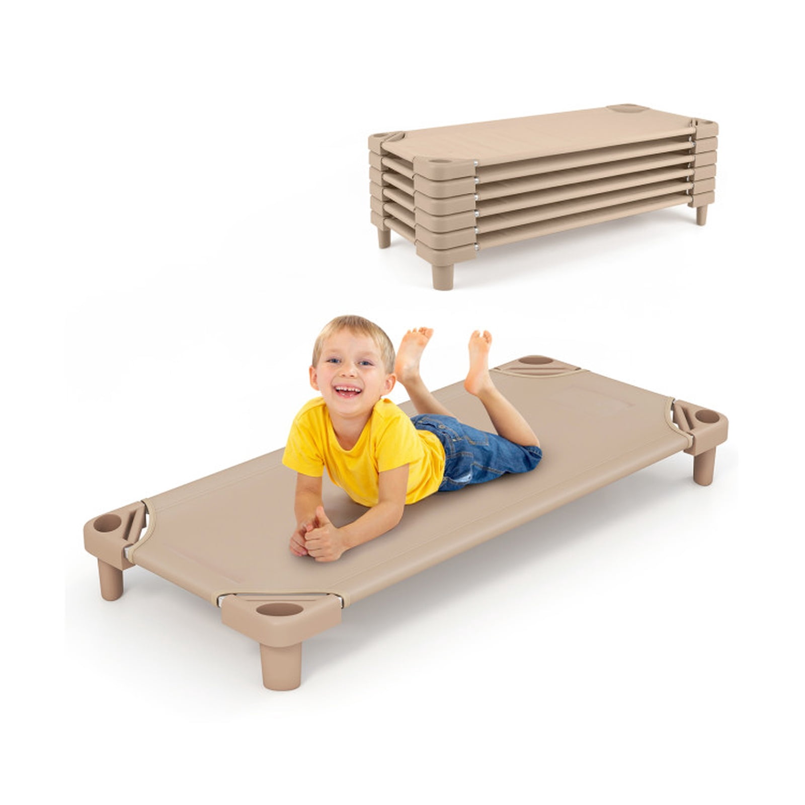Furnibear Toddler Bed Kids Stackable Daycare Cot Pack of 6 with Detachable Oxford Cloth, Coffee