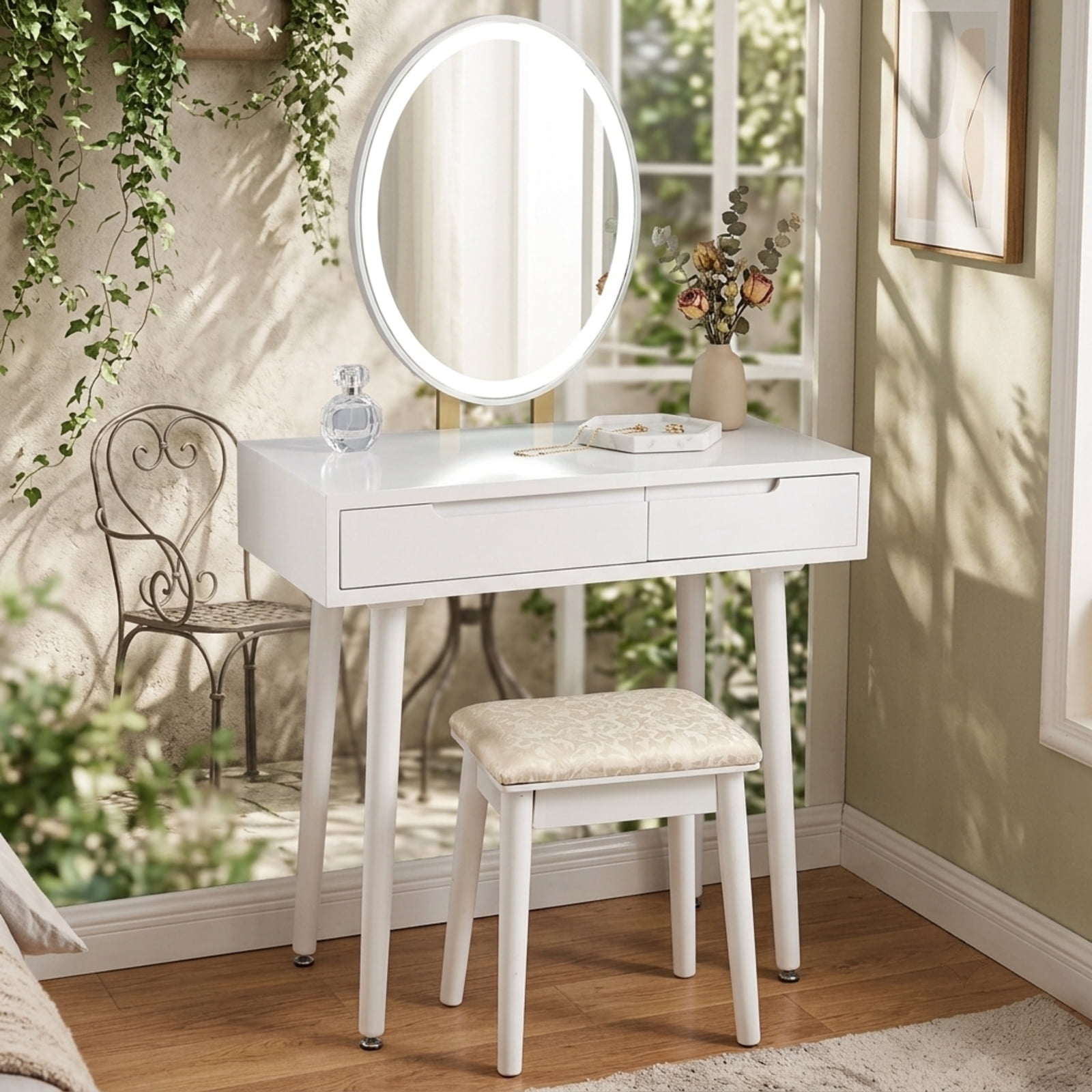Furnibear Touch Screen Vanity Makeup Table Stool Set with Lighted Mirror for Bedroom Makeup Dressing Room Vanity Desk Mirror Set, White