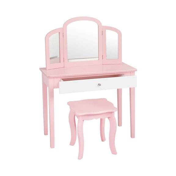 Furnibear Tri-Folding Princess Kids Vanity Desk Set with Stool and Drawer, Pink
