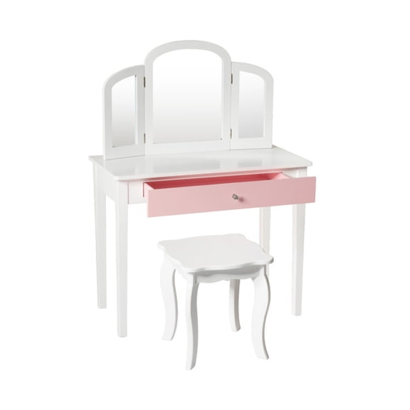 Furnibear Tri-Folding Princess Kids Vanity Desk Set with Stool and Drawer, White