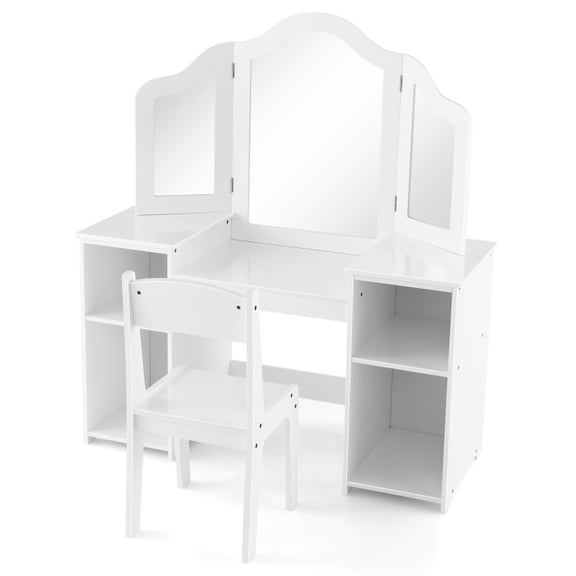 Furnibear Tri-Folding Vanity Children Dressing Table Set with Storage, White