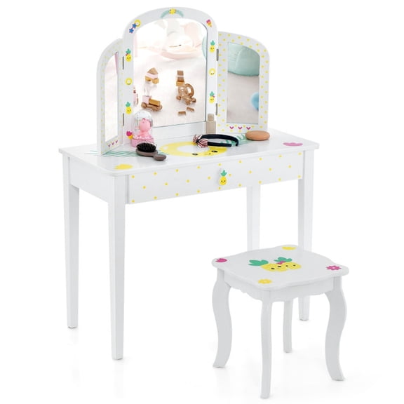 Furnibear Tri-Folding Vanity Lighted Table for Toddlers with Stool, White