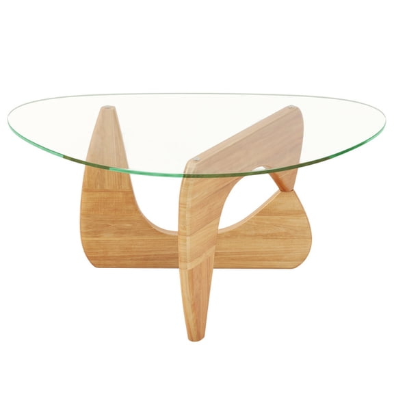 Furnibear Triangle Coffee Table with Tempered Glass Top and Adjustable Rubber Wood Base - Natural - Living Room Center Table