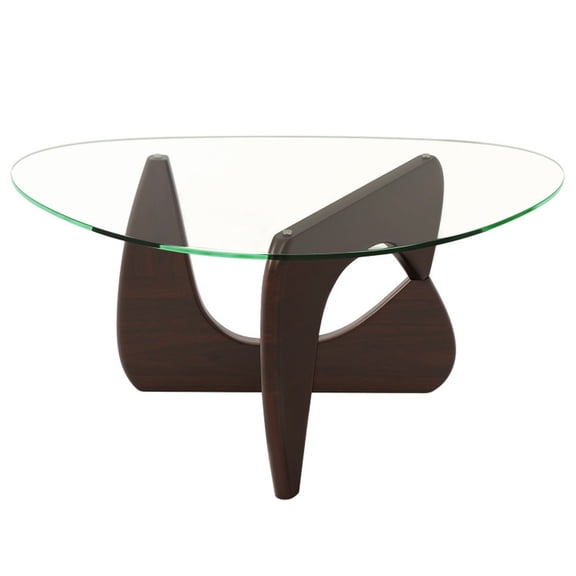 Furnibear Triangle Coffee Table with Tempered Glass Top and Adjustable Rubber Wood Base - Walnut - Living Room Center Table