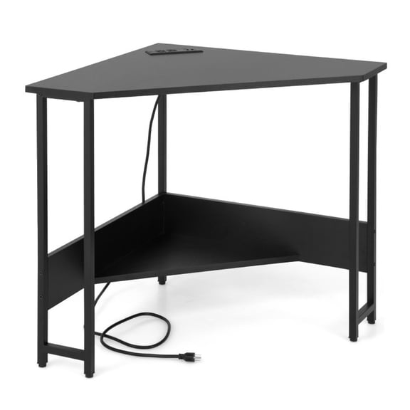 Furnibear Triangle Computer Corner Desk with USB Charging Station Lower Storage Shelf Heavy Duty Steel Legs Engineered Wood Black