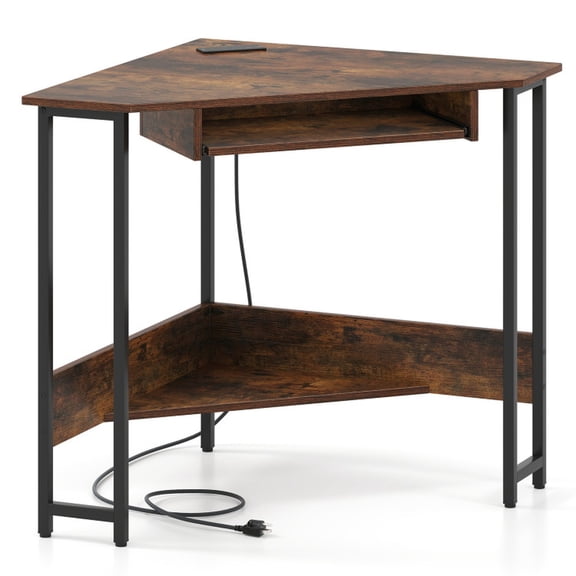 Furnibear Triangle Corner Computer Desk with Charging Station, Sliding Keyboard Tray and Storage Shelf, Rustic Brown