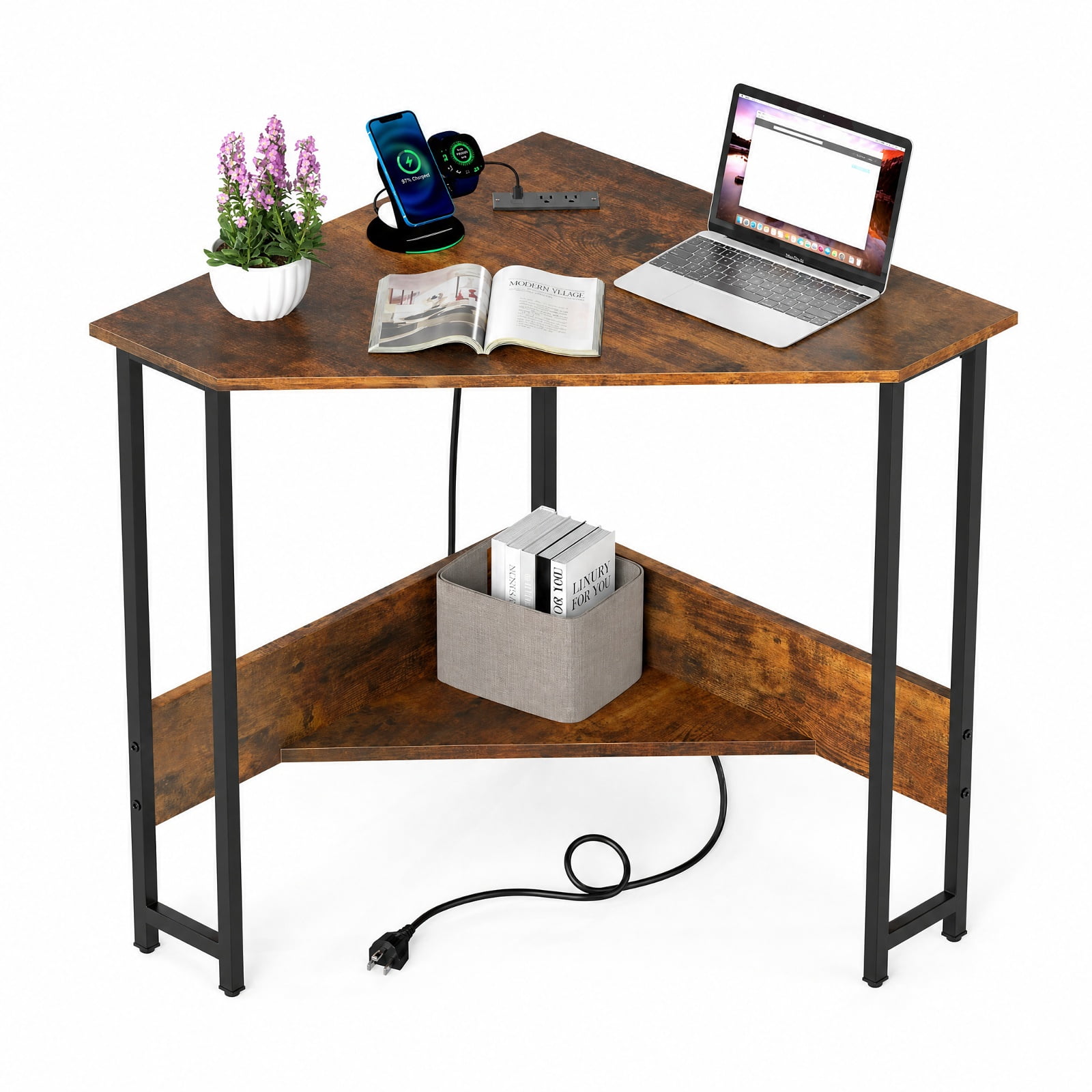 Furnibear Corner Desk Triangle Computer Desk Home Office Study Workstation with Charging Station and Open Shelf for Small Spaces, Rustic Brown