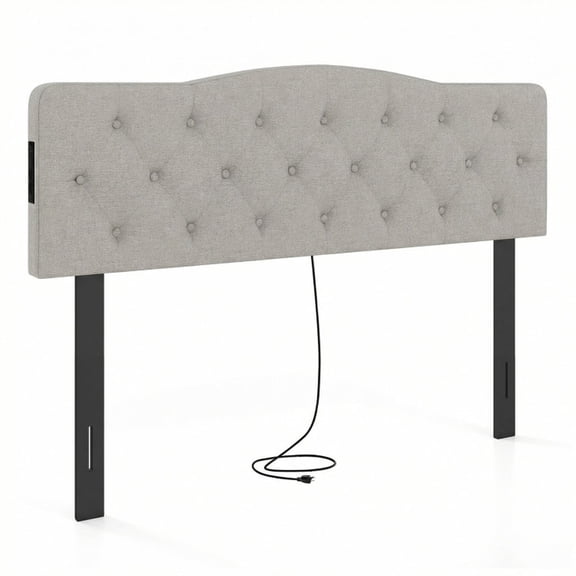 Furnibear Tufted Upholstered Headboard for Queen and Full Size Bed with 2 AC Outlets and USB Type-C Ports for a Charging Bedroom Sleep Setup, Gray