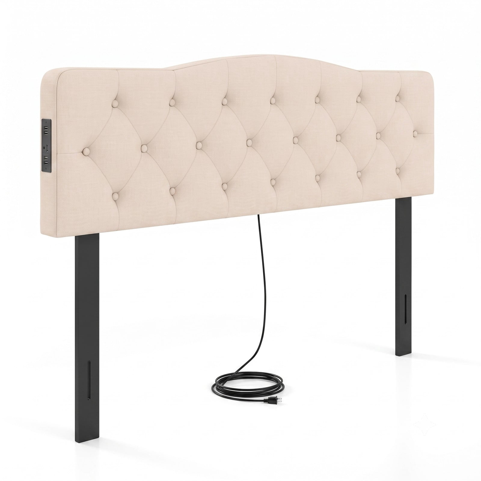 Furnibear Tufted Upholstered Headboard with Diamond Button Tufting and 2 AC Outlets and USB and Type-C Charging Ports for Full and Queen Beds, Beige