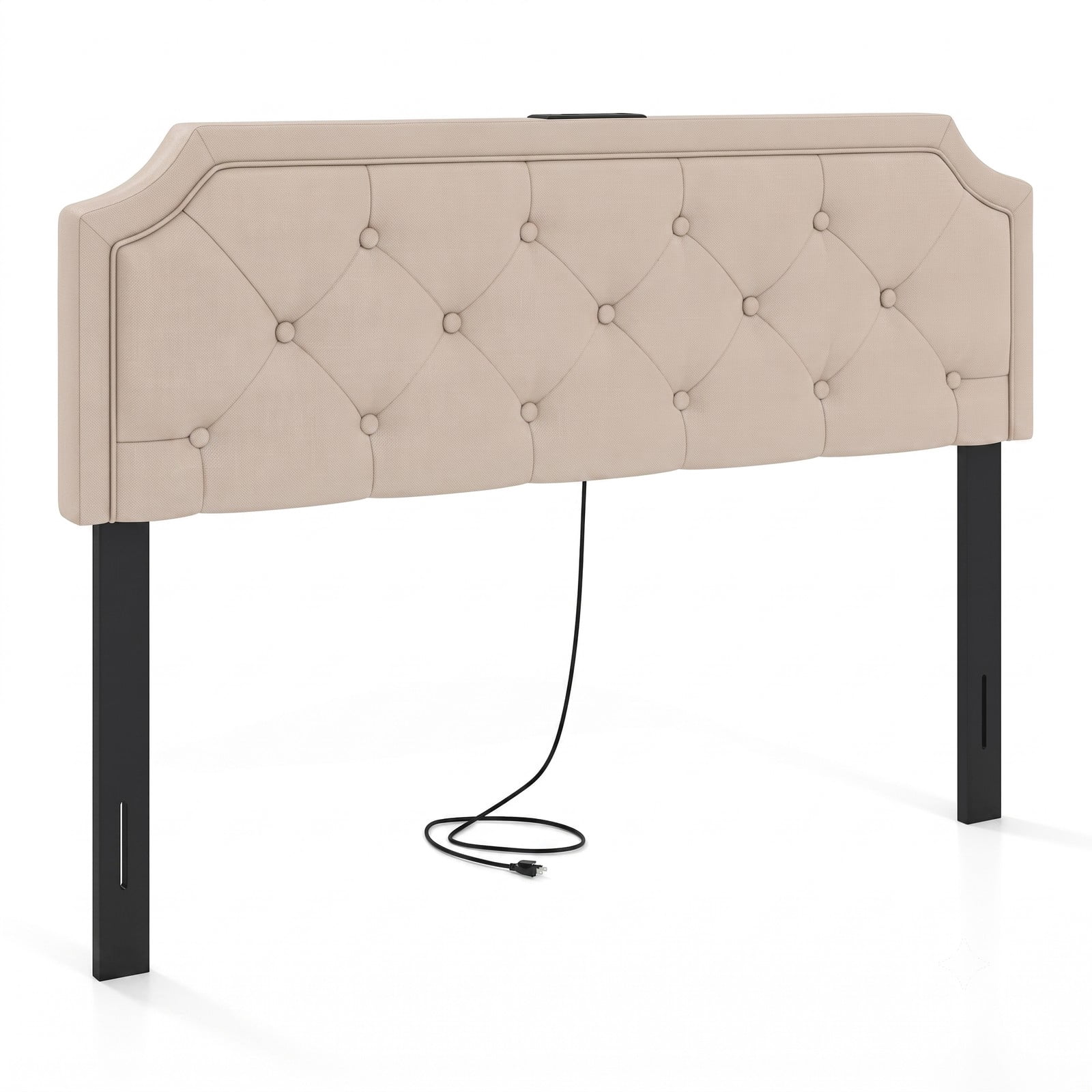 Furnibear Tufted Upholstered Headboard with Piped Trim and 2 AC Outlets and USB and Type-C Ports for Full and Queen Beds, Beige
