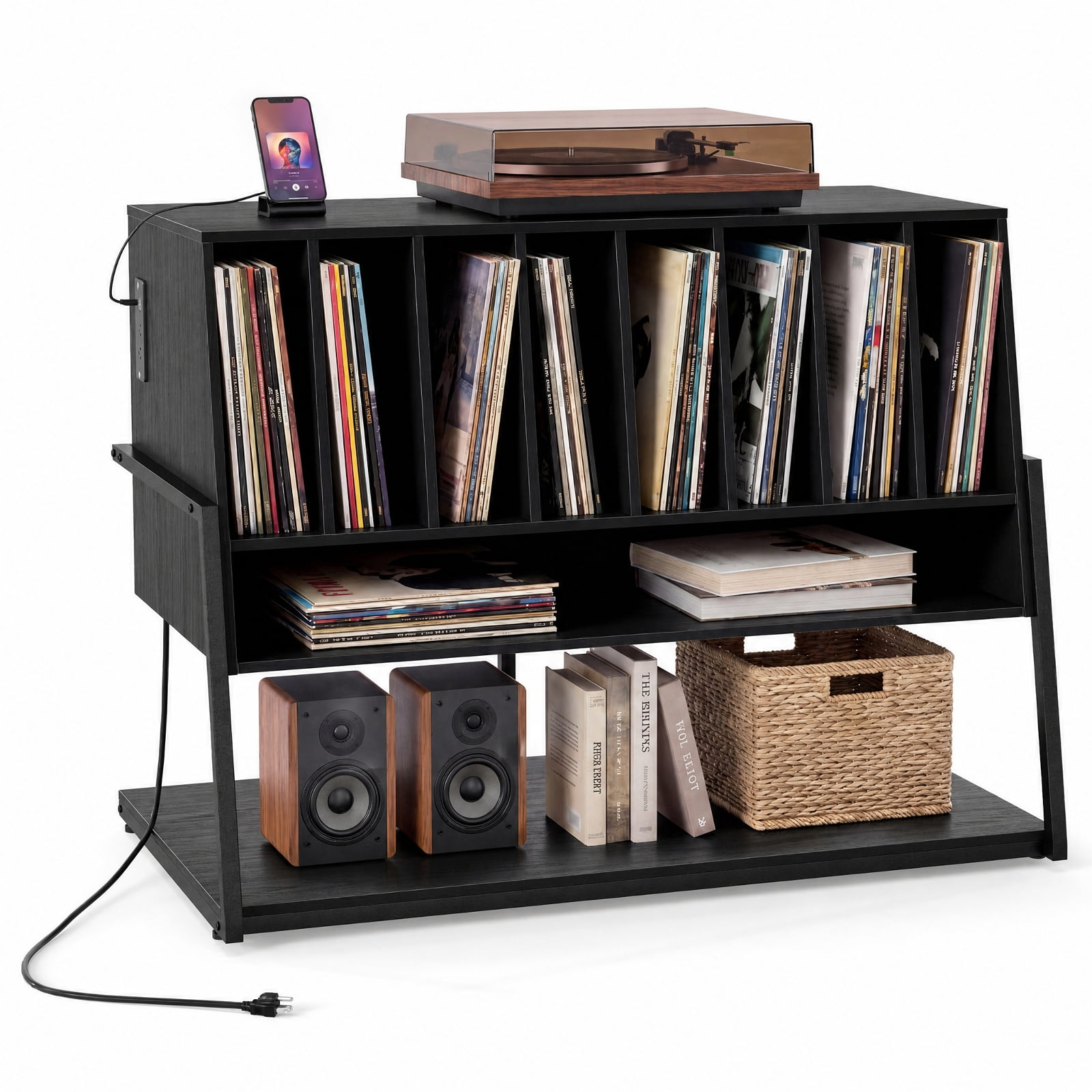 Furnibear Turntable Stand with Charging Station Vinyl Storage Shelves and Locking Wheels for Living Room Record Player Setup, Black