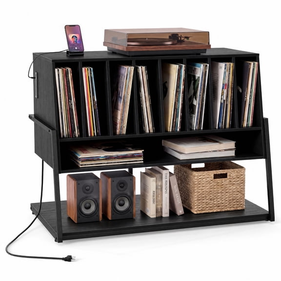 Furnibear Turntable Stand with Charging Station Vinyl Storage Shelves and Locking Wheels for Living Room Record Player Setup, Black