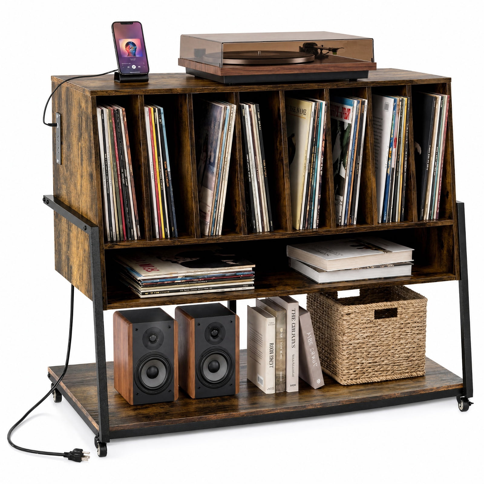 Furnibear Turntable Stand with Charging Station Vinyl Storage Shelves and Locking Wheels for Living Room Record Player Setup, Rustic Brown