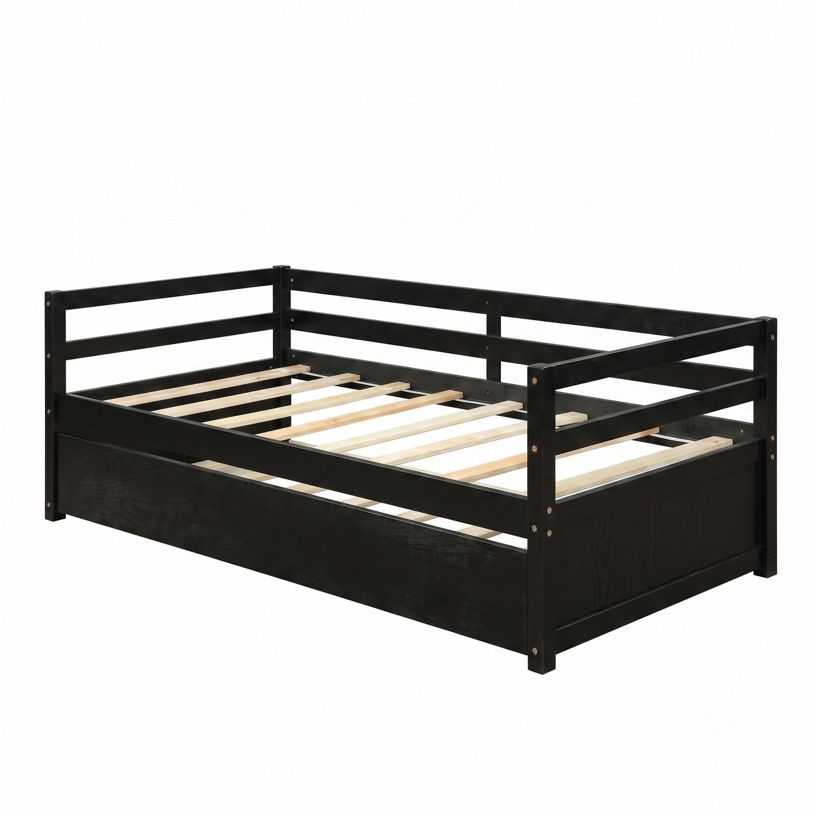 Furnibear Twin Daybed Frame with Pull Out Trundle and Wooden Slat Support and Side Rails for Bedroom and Guest Room, Dark Brown
