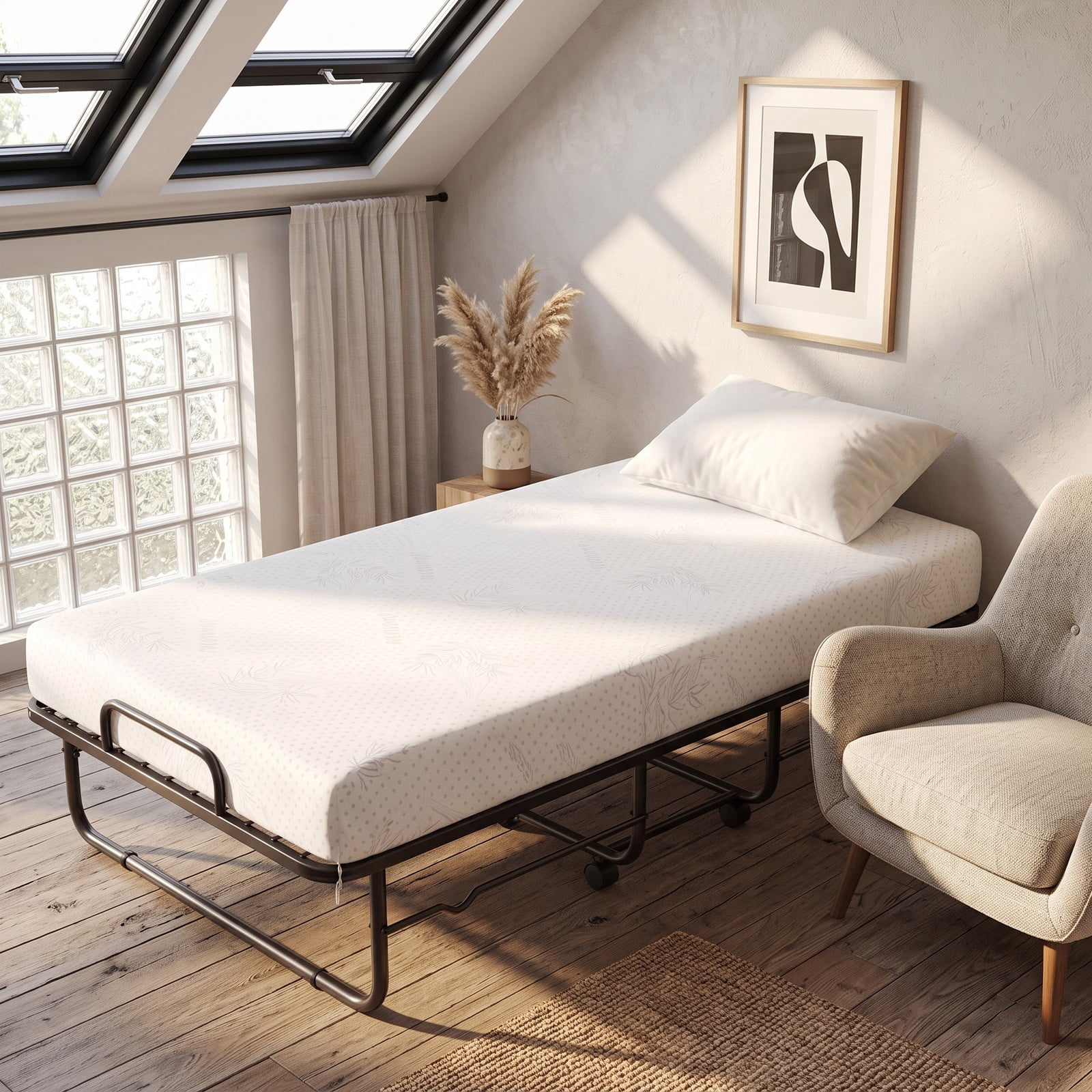 Furnibear Twin Bed Frame, Twin Folding Bed with 5 Inch Mattress, Rollaway Bed with Heavy Duty Metal Frame and Wheels for Guest Room, White and Black
