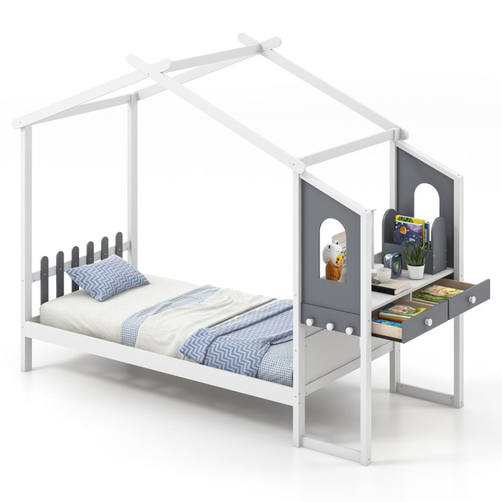 Furnibear Twin Size Kids House Bed Frame with Roof Canopy Fence and Storage Desk for Kids Bedroom, White and Gray