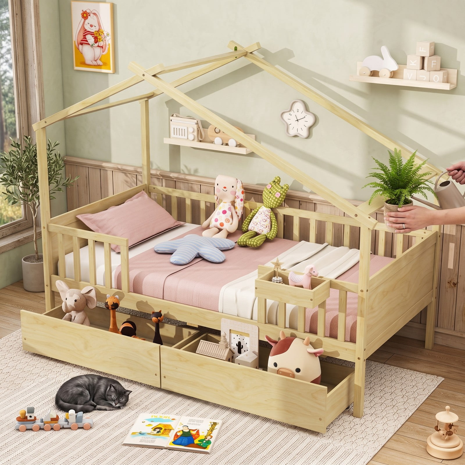 Furnibear Twin House Bed Frame with Storage Drawers, Montessori Floor Bed with Roof Frame and Fence Rails, Platform Bed Frame for Kids Room, Natural