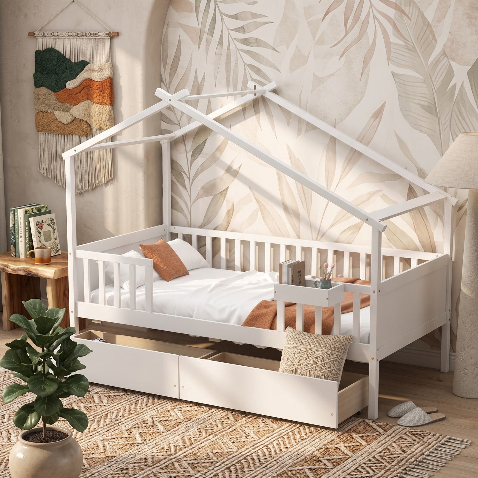 Furnibear Twin House Bed Frame with 2 Storage Drawers, Montessori Floor Bed with Roof Frame and Fence Rails for Kids Room, White