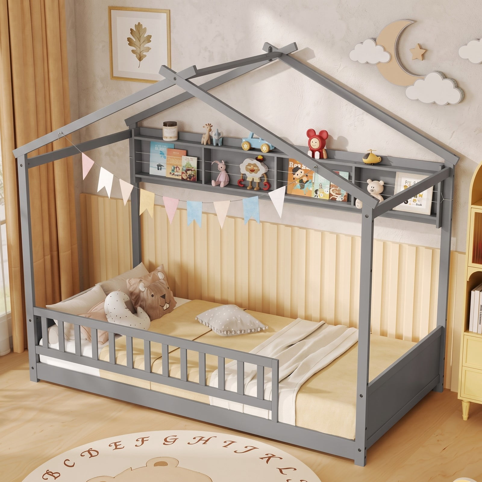 Furnibear Twin Bed Frame with Headboard, House Bed with 4 Cube Storage Shelf and 17 Inch Safety Guardrails for Kids Room, Gray