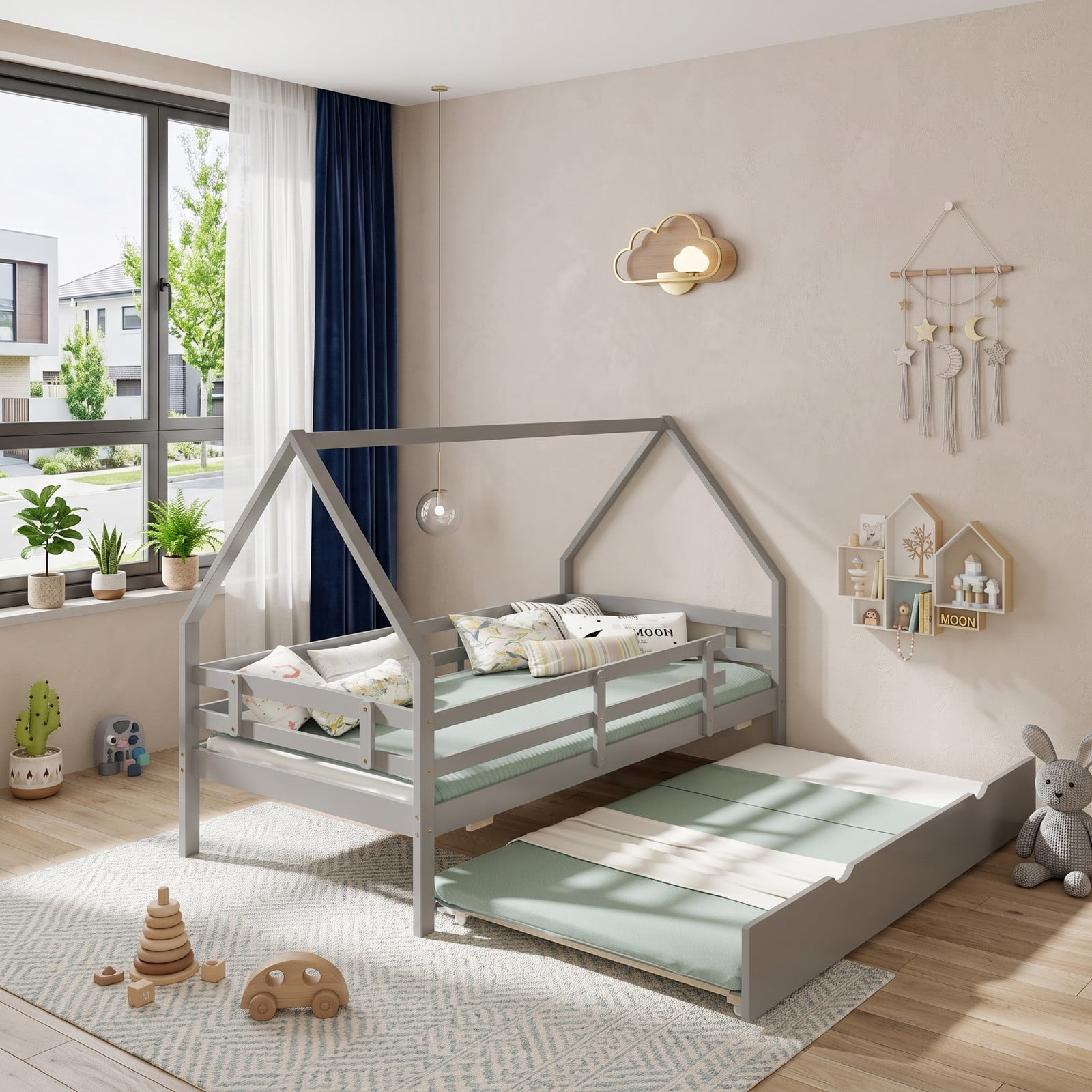 Furnibear Twin Bed Frame, House Bed with Pull Out Trundle and Fence Rail Guards, Montessori Floor Bed with Slat Support for Kids Room, Gray