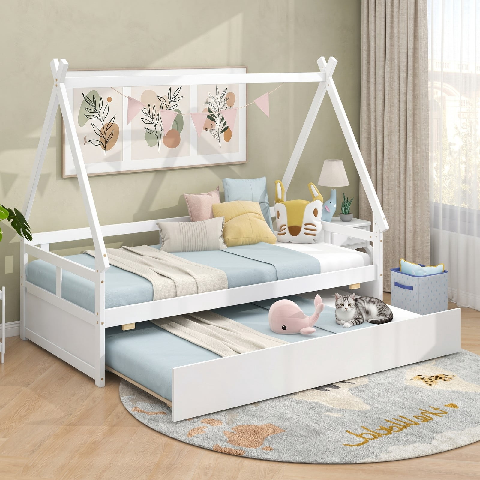 Furnibear Twin Bed Frame, Montessori House Bed with Pull Out Trundle, Safety Guardrail and Wooden Slat Support for Kids Room, White