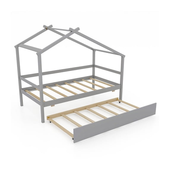 Furnibear Twin House Bed Gray with Roll Out Trundle and DIY Roof, Solid Wood Frame Plywood Slat Support and Guardrail, No Box Spring