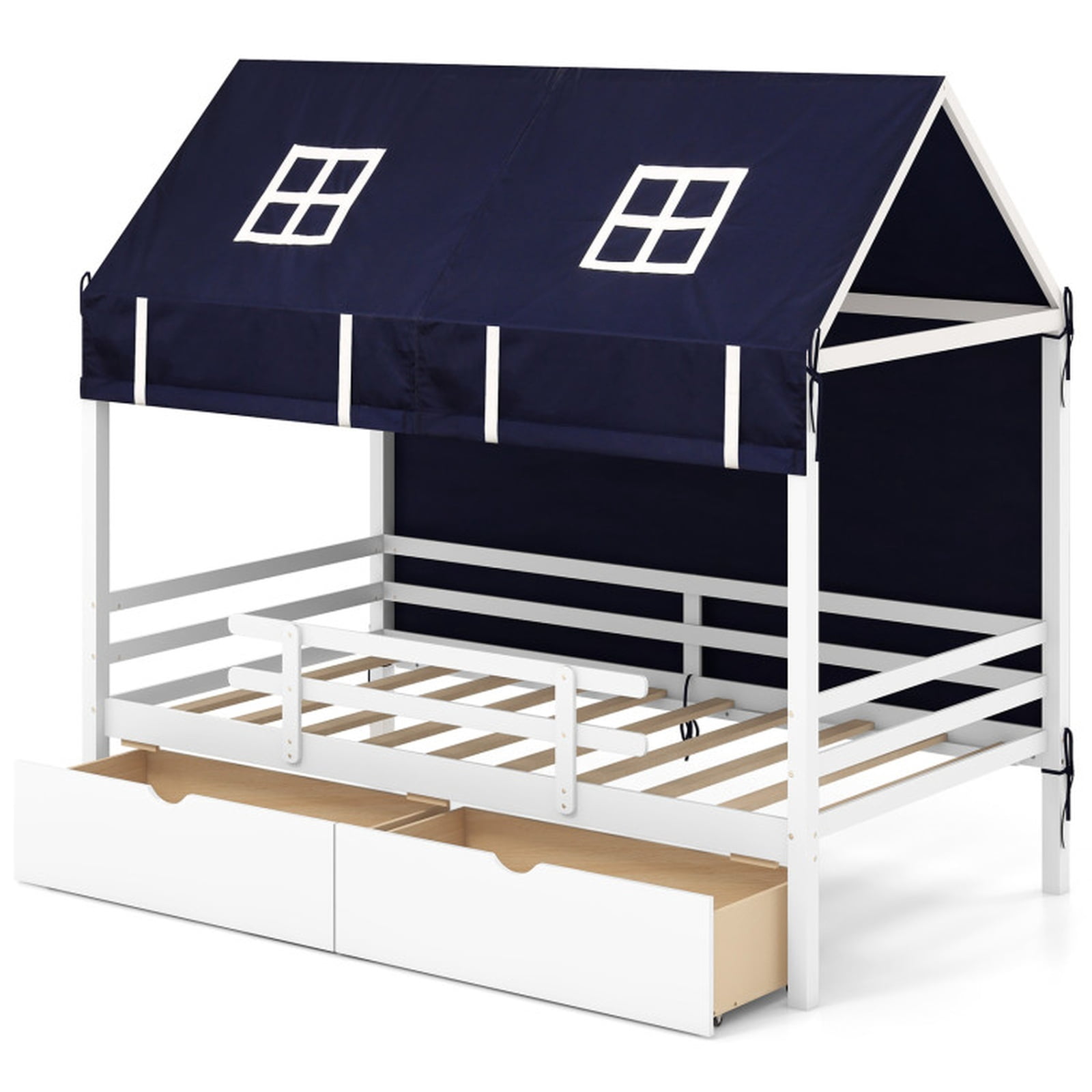 Furnibear Twin House Bed with Dustproof Tent 2 Large Storage Drawers Roll Up Curtains Rolling Casters Protective Fences and Solid Wood Frame, White