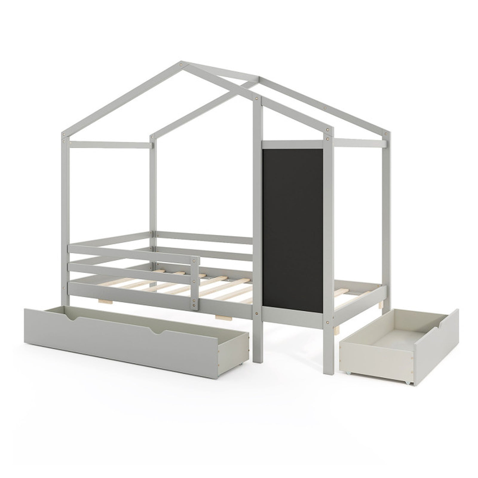 Furnibear Twin House Bed with Interactive Blackboard 2 Large Storage Drawers Rolling Casters Solid Pine Wood Frame and High Guardrails, Gray