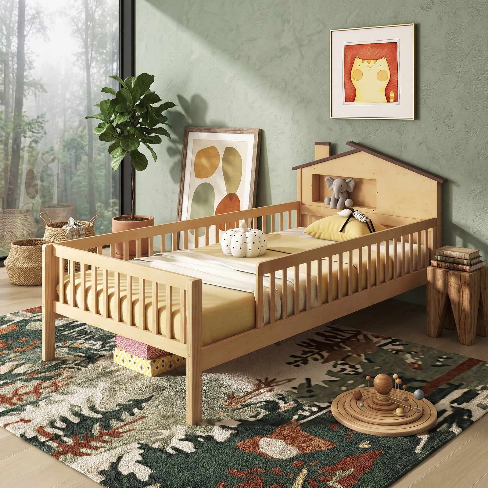 Furnibear Full Size Bed Frame Kids Montessori Floor Bed with House Headboard, Storage Shelf and Full-Length Guardrails, Natural