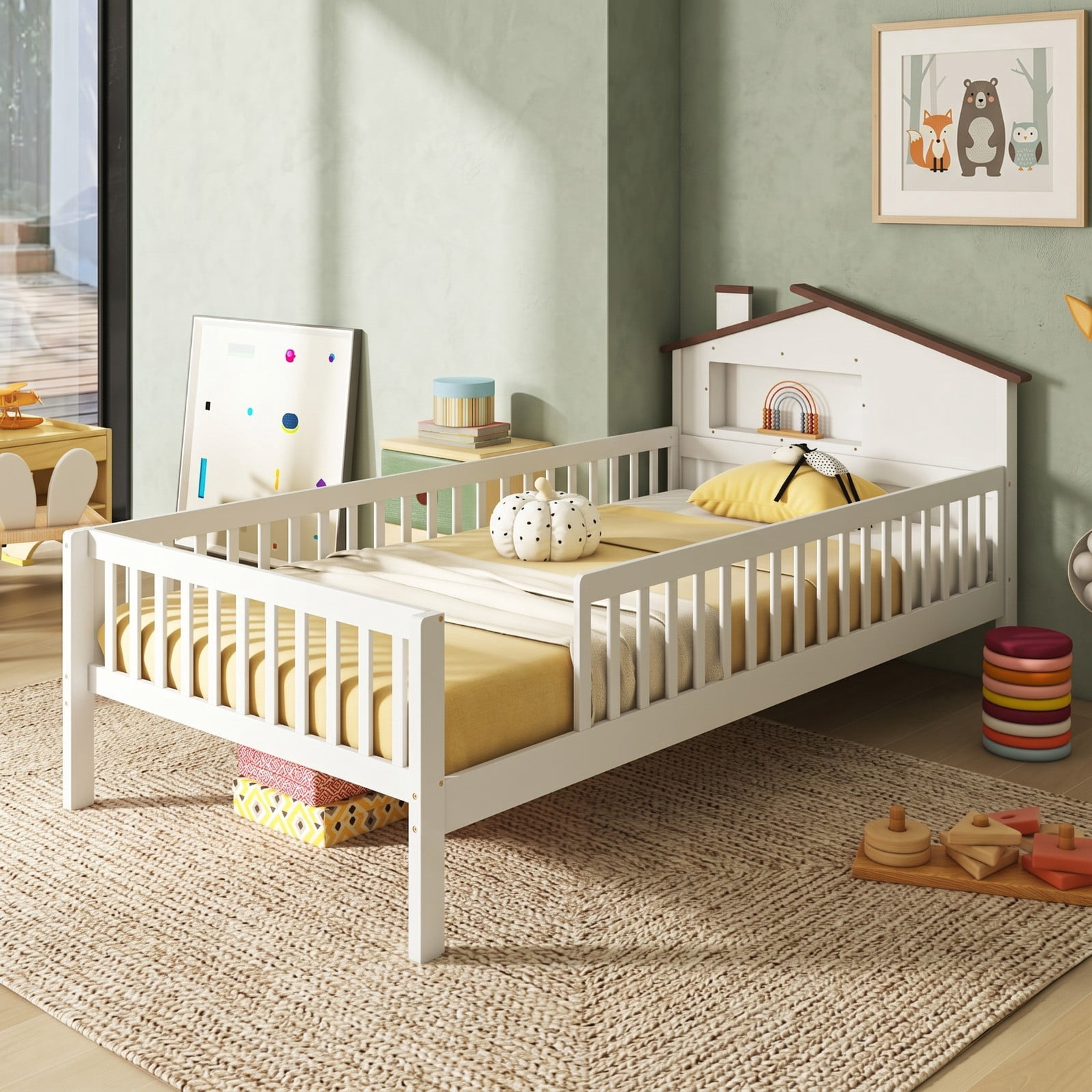 Furnibear Full Size Bed Frame Montessori Floor Bed with House Headboard and Storage Shelf and Guardrails for Kids Room, White