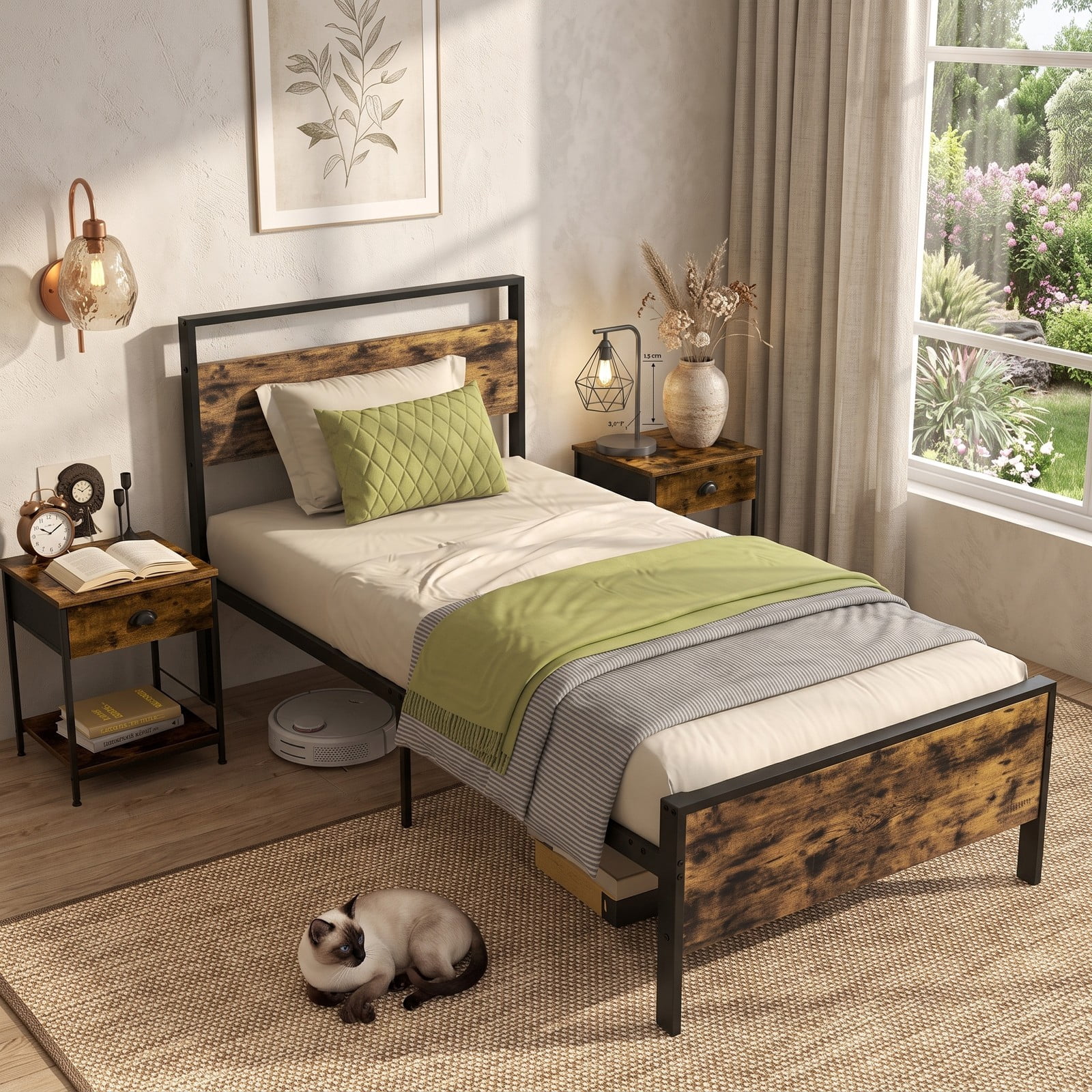 Furnibear Twin Metal Bed Frame Industrial Platform Bed with Wooden Headboard and Under Bed Storage Space for the Bedroom, Rustic Brown