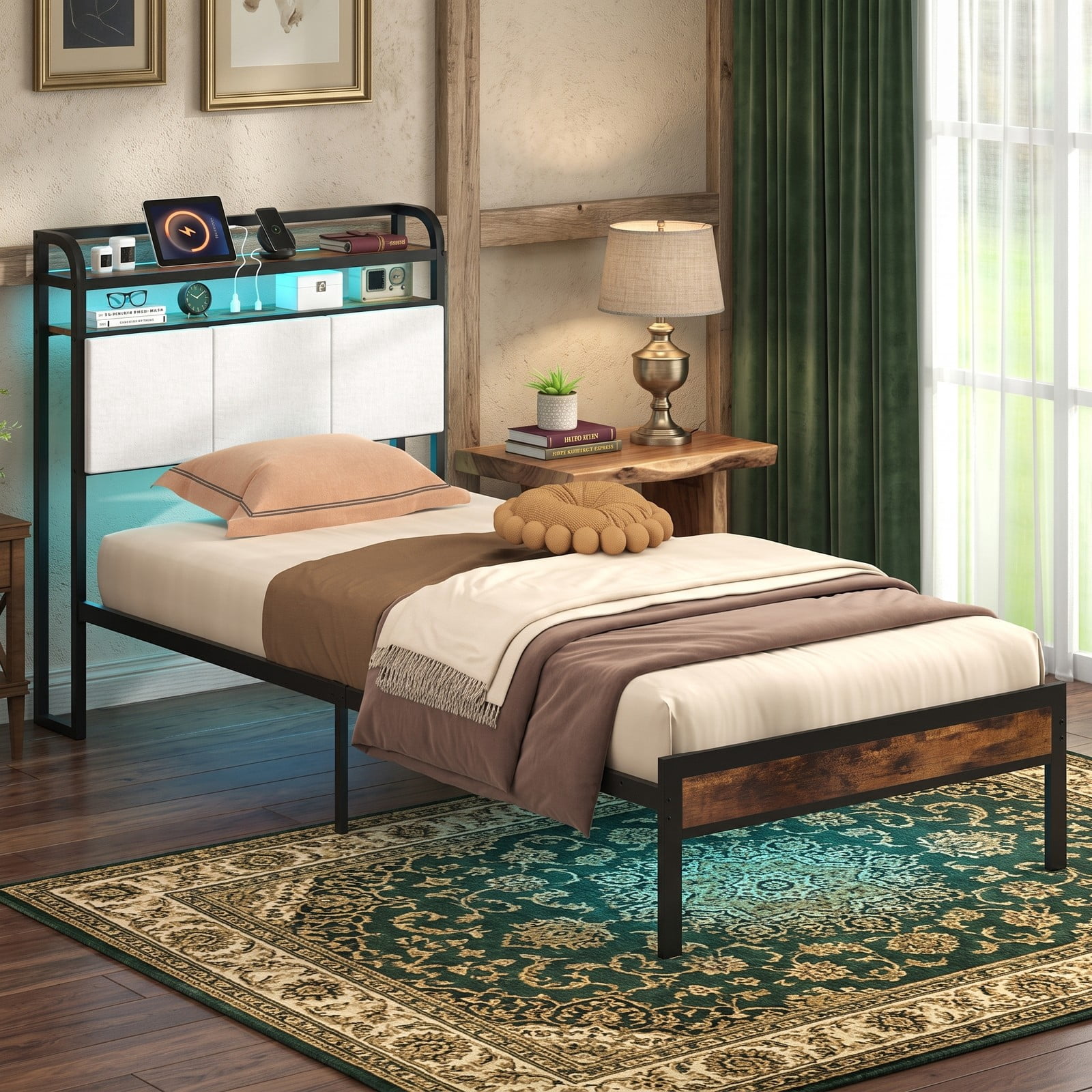 Furnibear Queen Bed Frame with Storage Headboard, Queen Platform Bed Frame with LED Lights and Charging Station, Rustic Brown and Gray