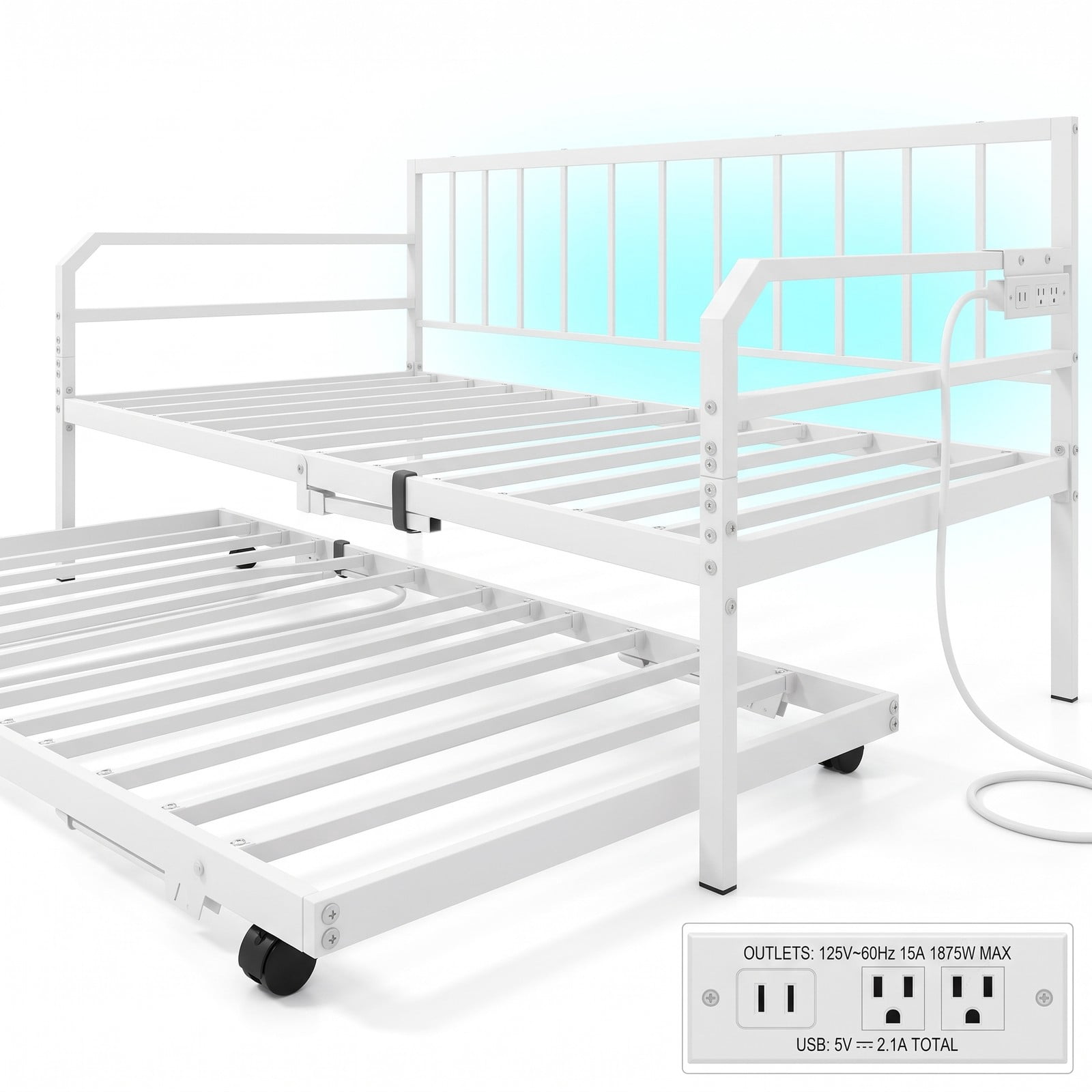 Furnibear Twin Metal Daybed with Pop-Up Trundle, Built-In Charging Station and LED Light for Bedroom and Guest Room, White