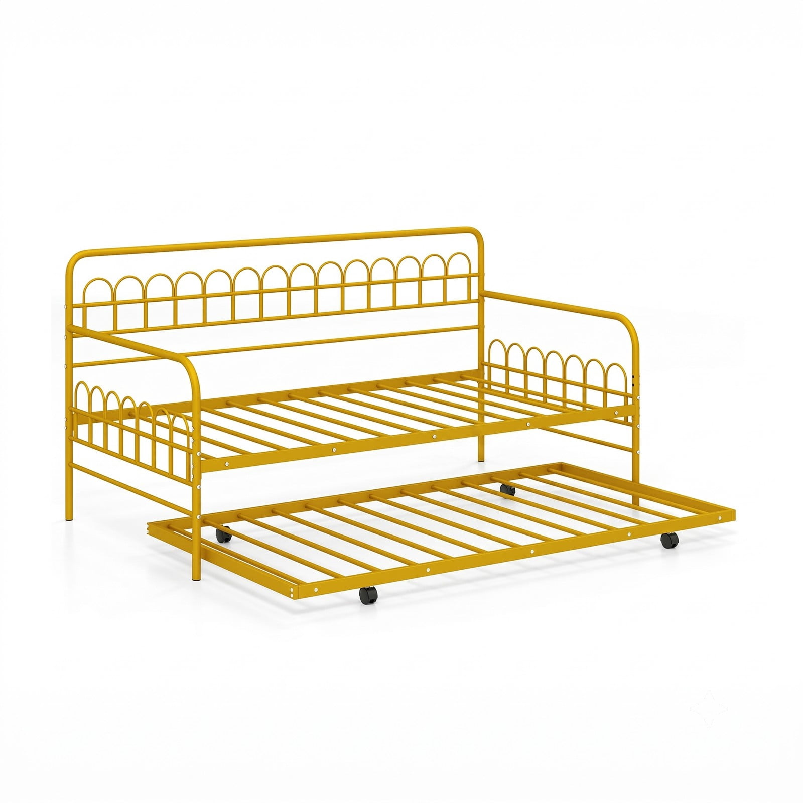Furnibear Twin Metal Daybed with Pull-Out Trundle and Arched Rail Detailing on Lockable Casters for Bedroom and Guest Room, Gold