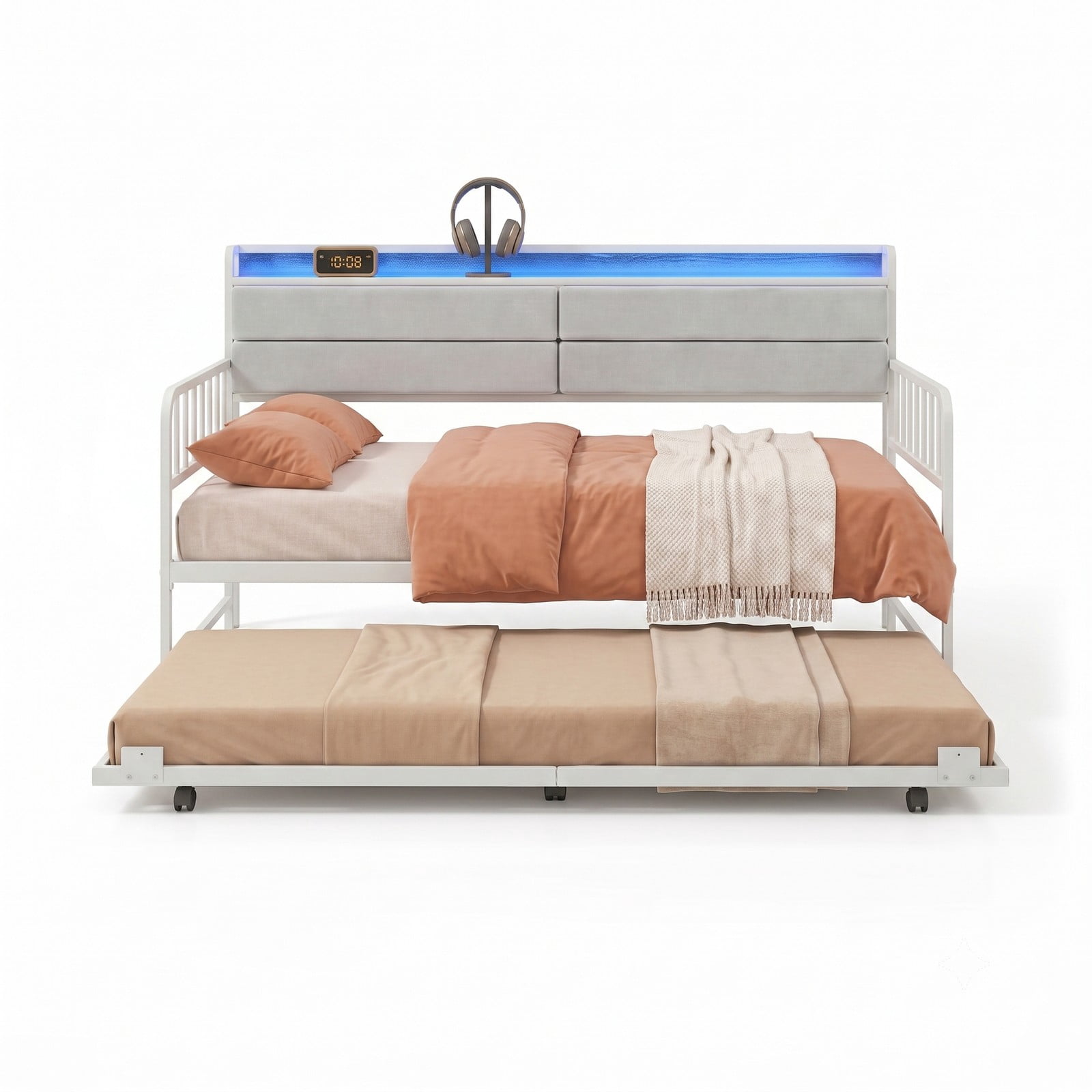 Furnibear Twin Metal Daybed with Pull-Out Trundle and Upholstered