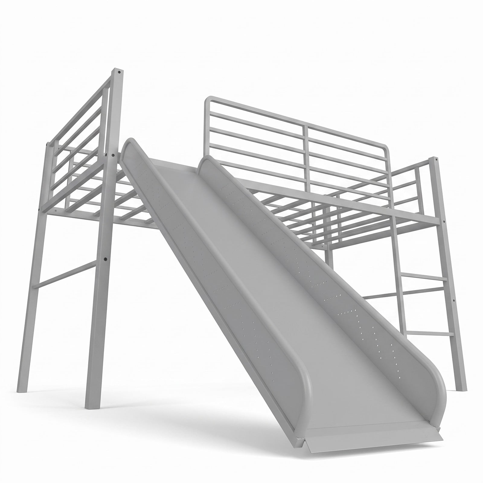 Furnibear Twin Metal Loft Bed with Slide and Built-in Ladder for Kids and Teens Bedroom, Space-Saving Loft Bed Frame with Guardrails, Silver