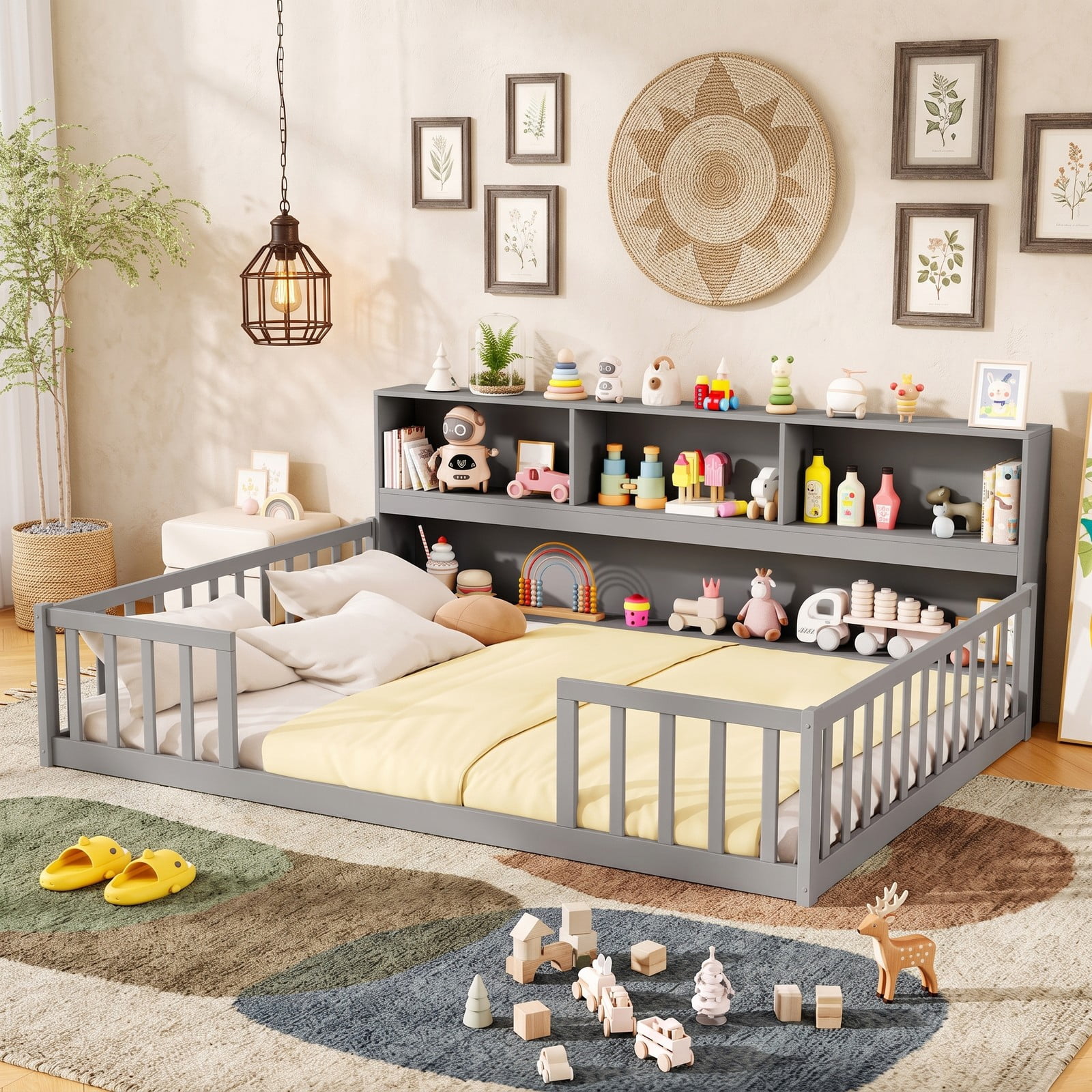 Furnibear Full Size Bed Frame Montessori Floor Bed with Bookcase Headboard and Full Length Fence Rails for Kids Bedroom, Gray