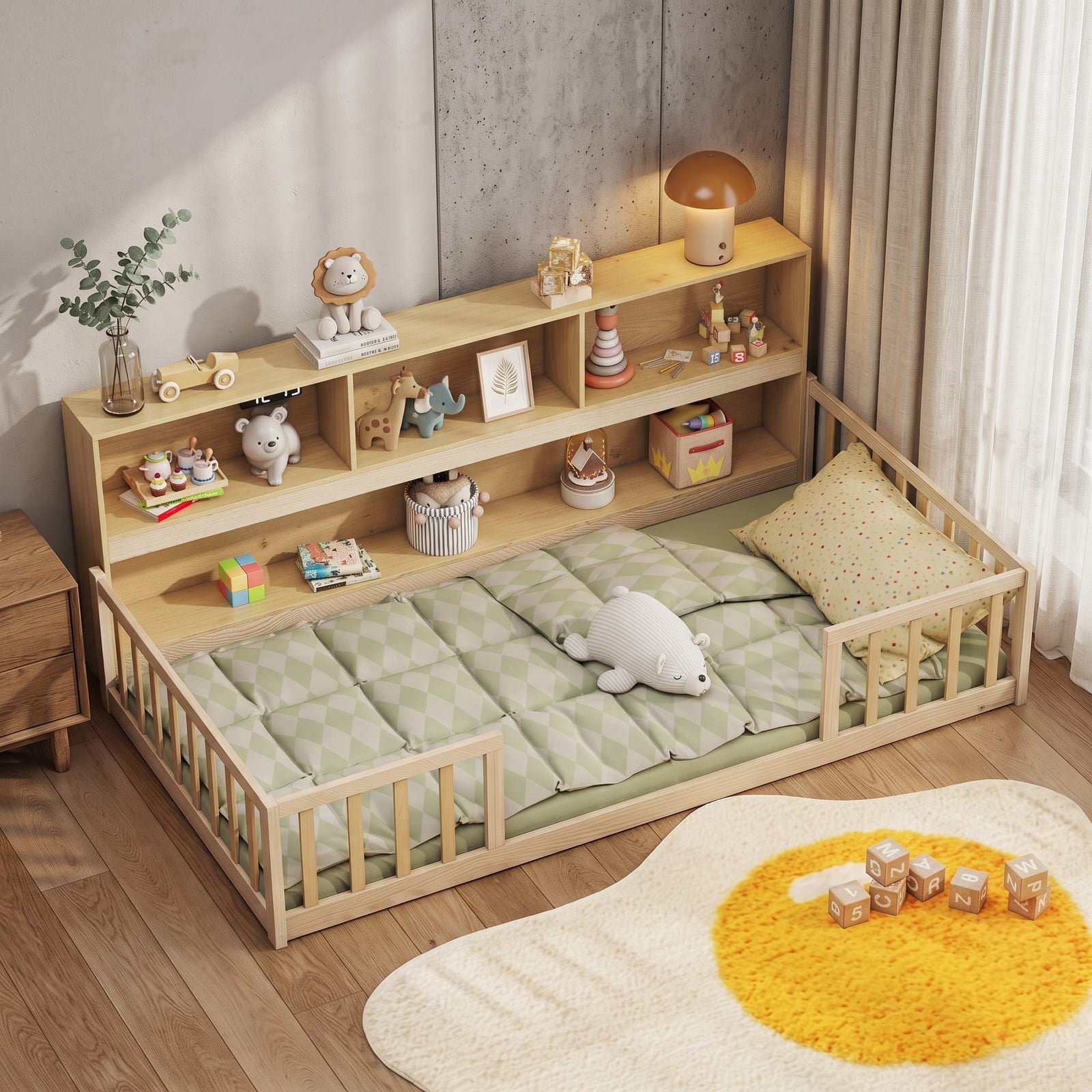 Furnibear Full Size Montessori Floor Bed Frame with Bookcase Headboard and Full Length House Rails for Kids Room, Natural