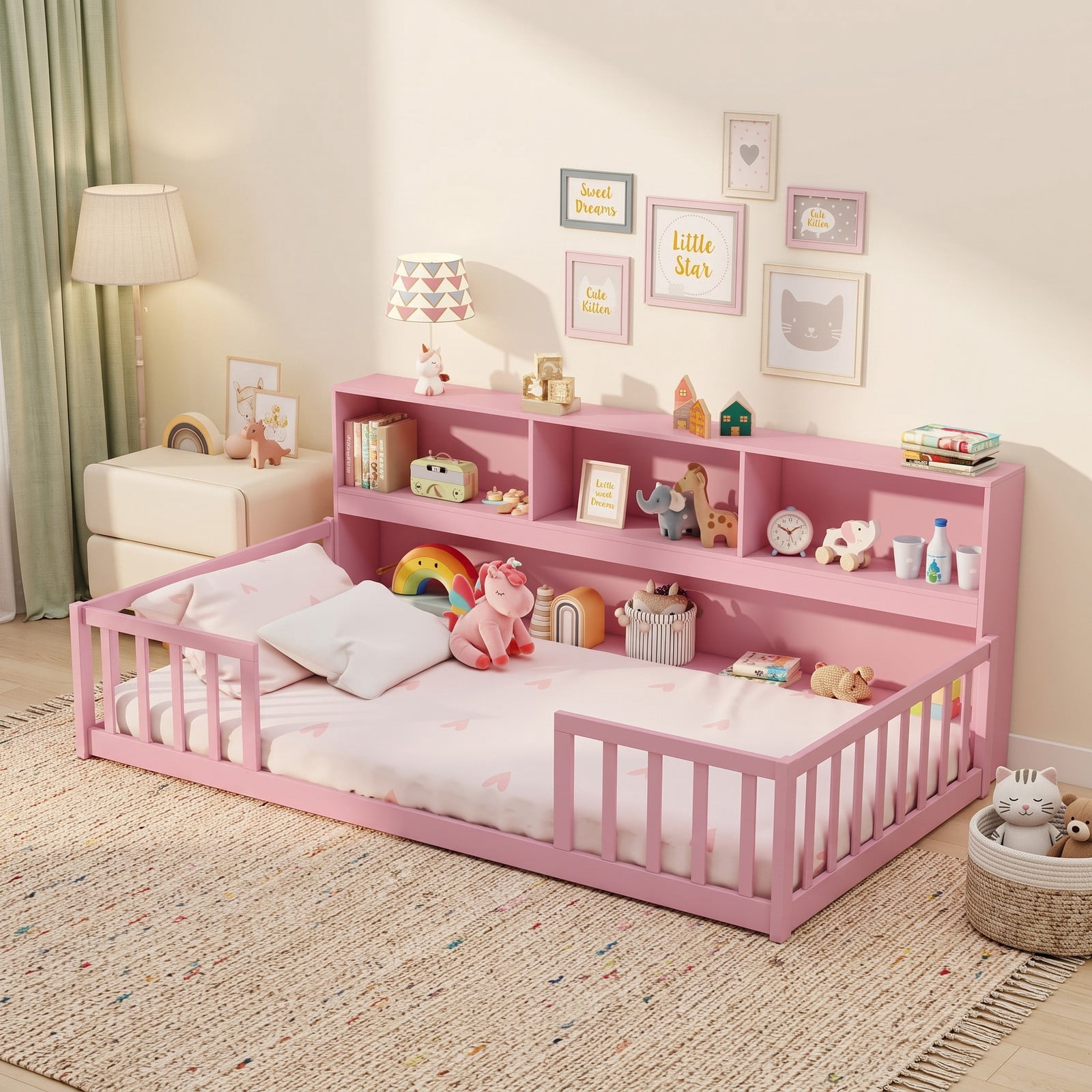 Furnibear Full Size Bed Frame Montessori Floor Bed with Bookcase Headboard and Full Length Fence Rails for Kids Room, Pink