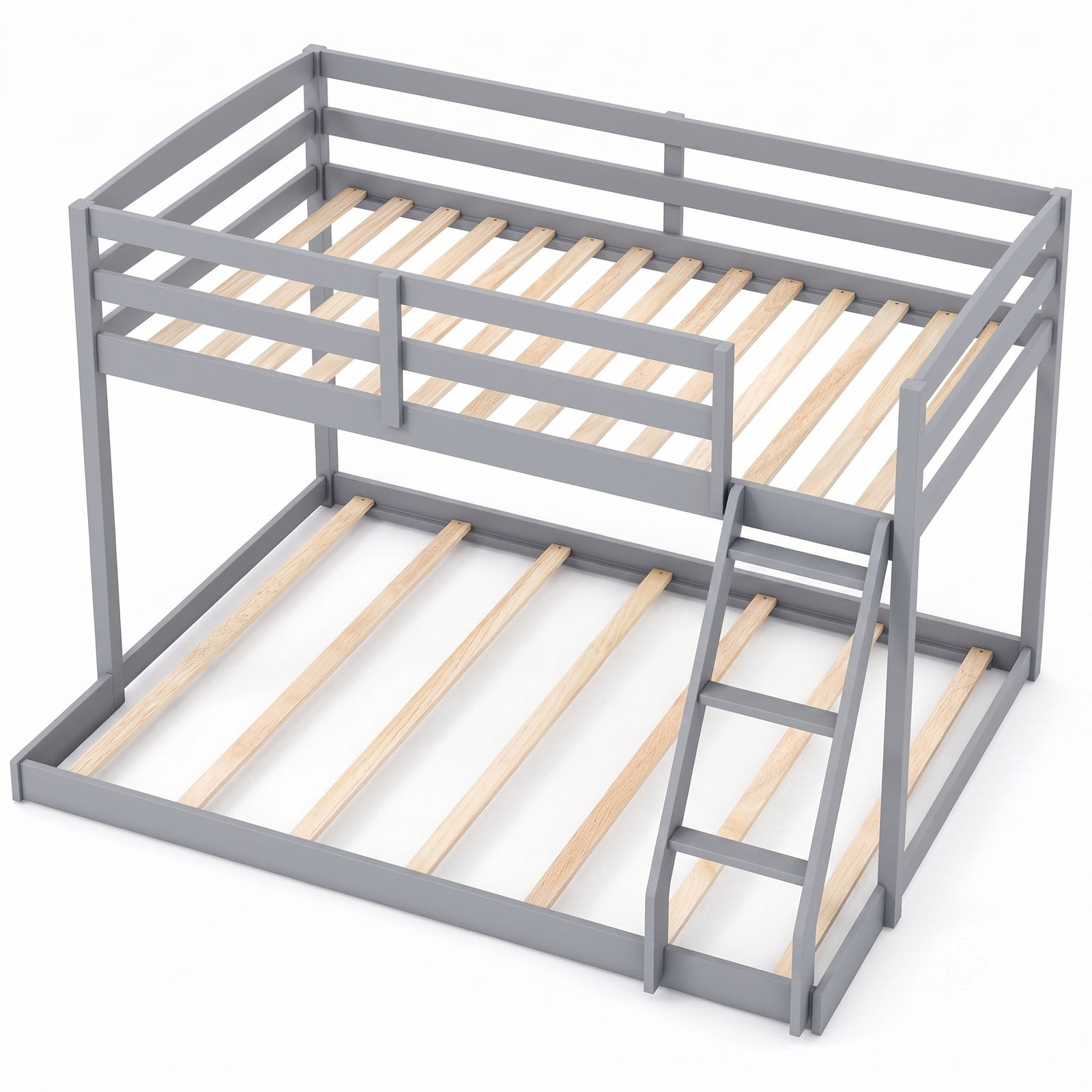 Furnibear Twin Over Full Low Floor Wood Bunk Bed with Guardrails and Integrated Ladder for Kids Teens and Guest Rooms, Gray