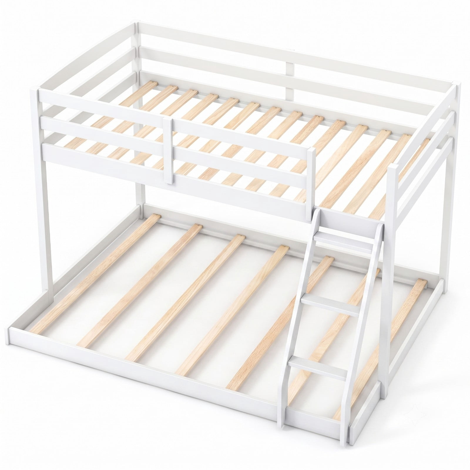 Furnibear Twin Over Full Low Floor Wood Bunk Bed with Guardrails and Integrated Ladder for Kids Teens and Guest Rooms, White
