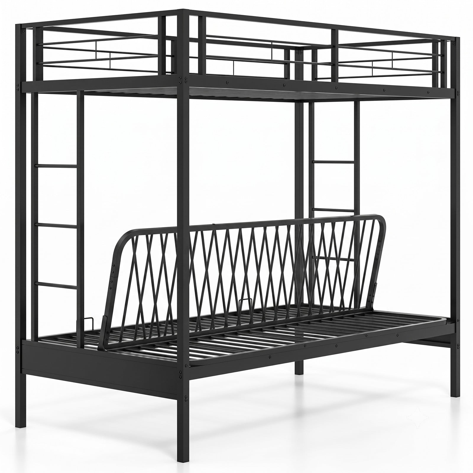 Furnibear Twin Over Futon Metal Bunk Bed with Convertible Sofa 2 Ladders and Guardrails for Guest Rooms and Dorms, Black