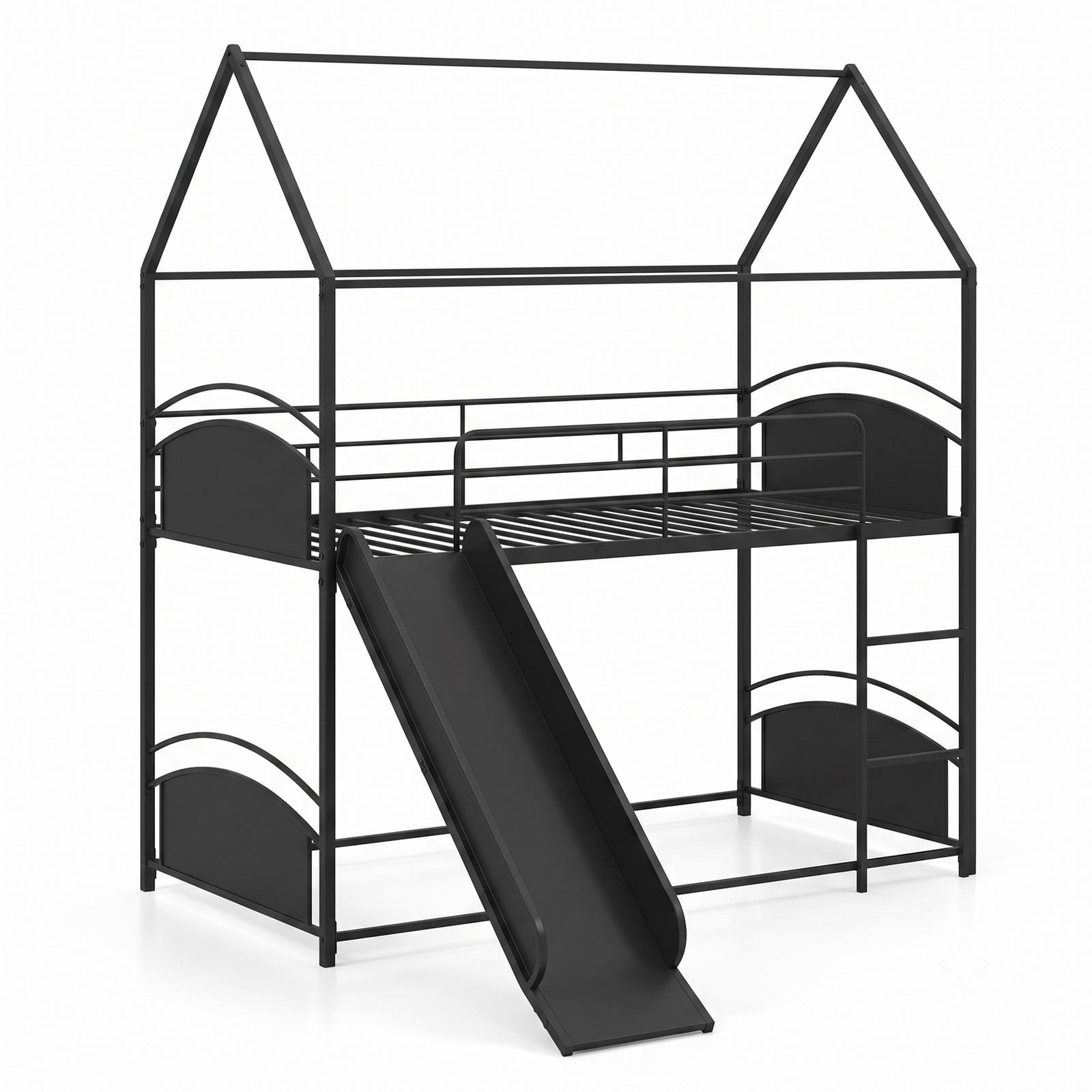 Furnibear Twin Over Twin House Bunk Bed with Slide Ladder and Heavy-duty Metal Slats for Kids and Shared Bedrooms, Black