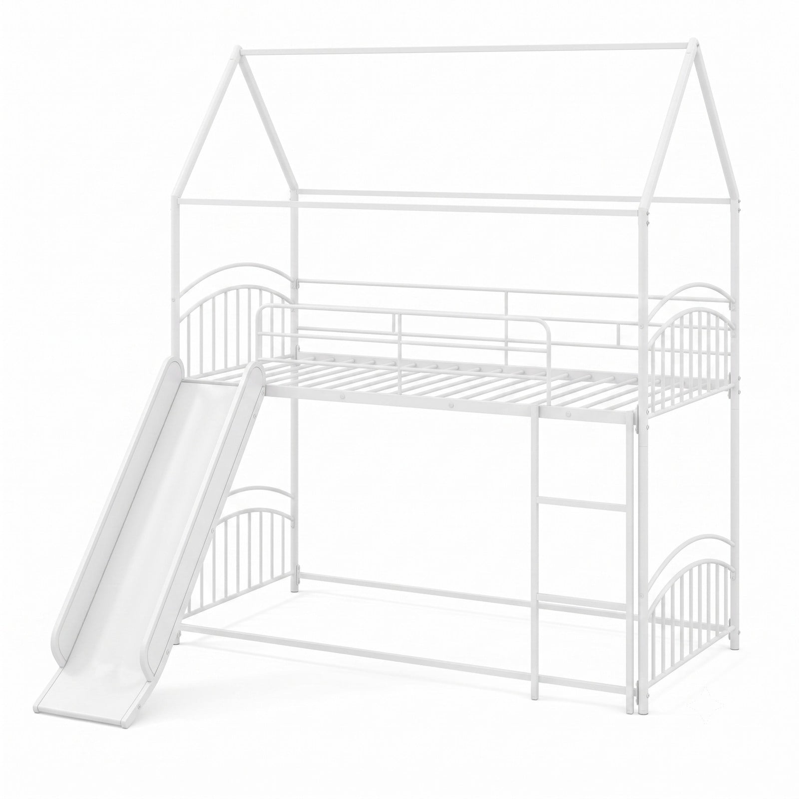 Furnibear Twin Over Twin House Bunk Bed with Slide Ladder and Heavy-duty Metal Slats for Kids and Shared Bedrooms, White