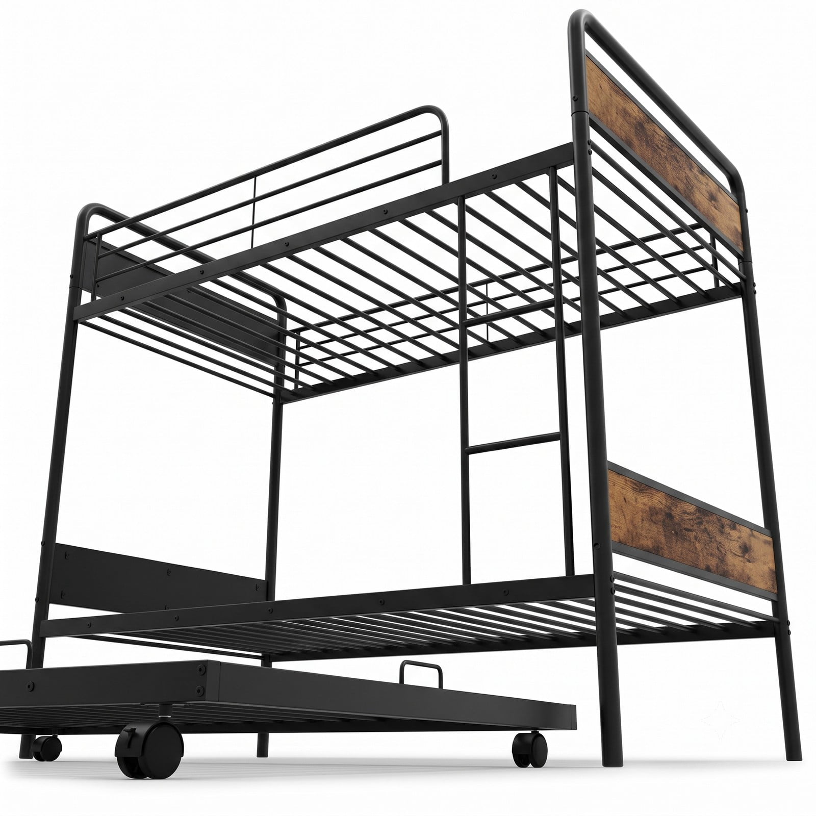 Furnibear Twin Over Twin Metal Bunk Bed with Pull-out Trundle Ladder and Guardrails for Kids Guest Rooms and Dorms, Black