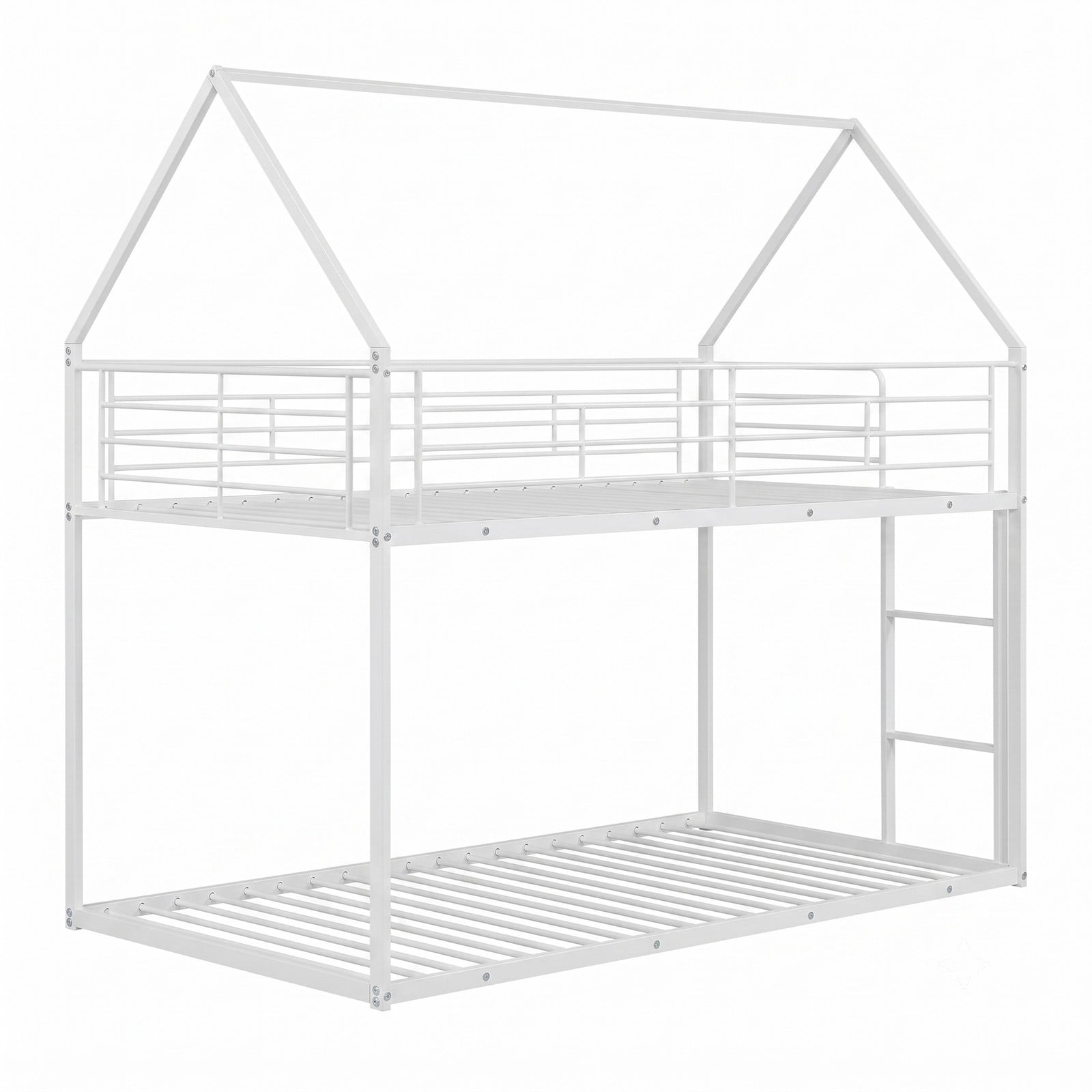 Furnibear Twin Over Twin Metal House Bunk Bed with Roof Ladder and Full-length Guardrails for Kids and Shared Rooms, White