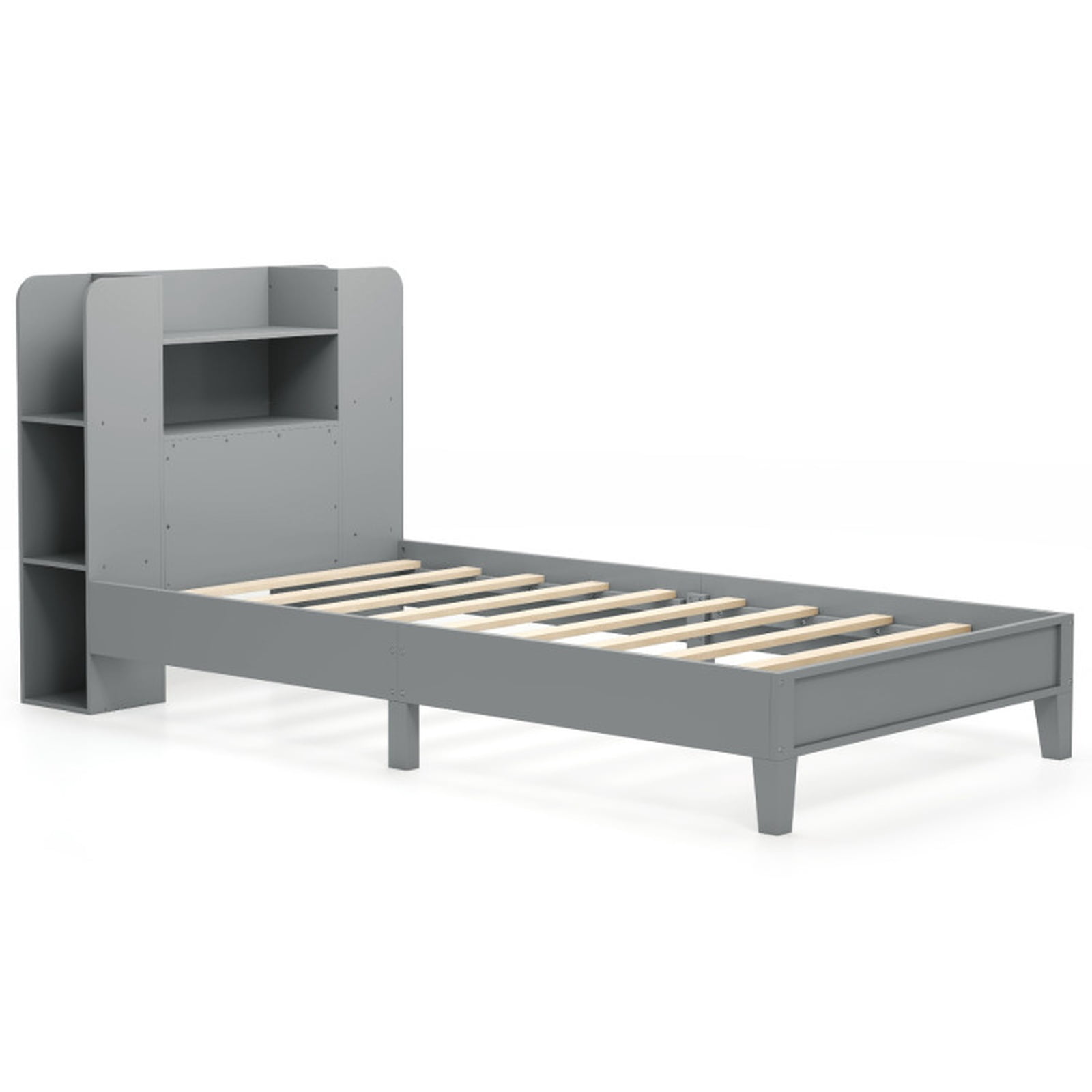 Furnibear Twin Platform Bed Frame with Built in Bookcase Headboard 2 Tier Shelf 6 Open Compartments Solid Wood Slats and No Box Spring Needed, Gray