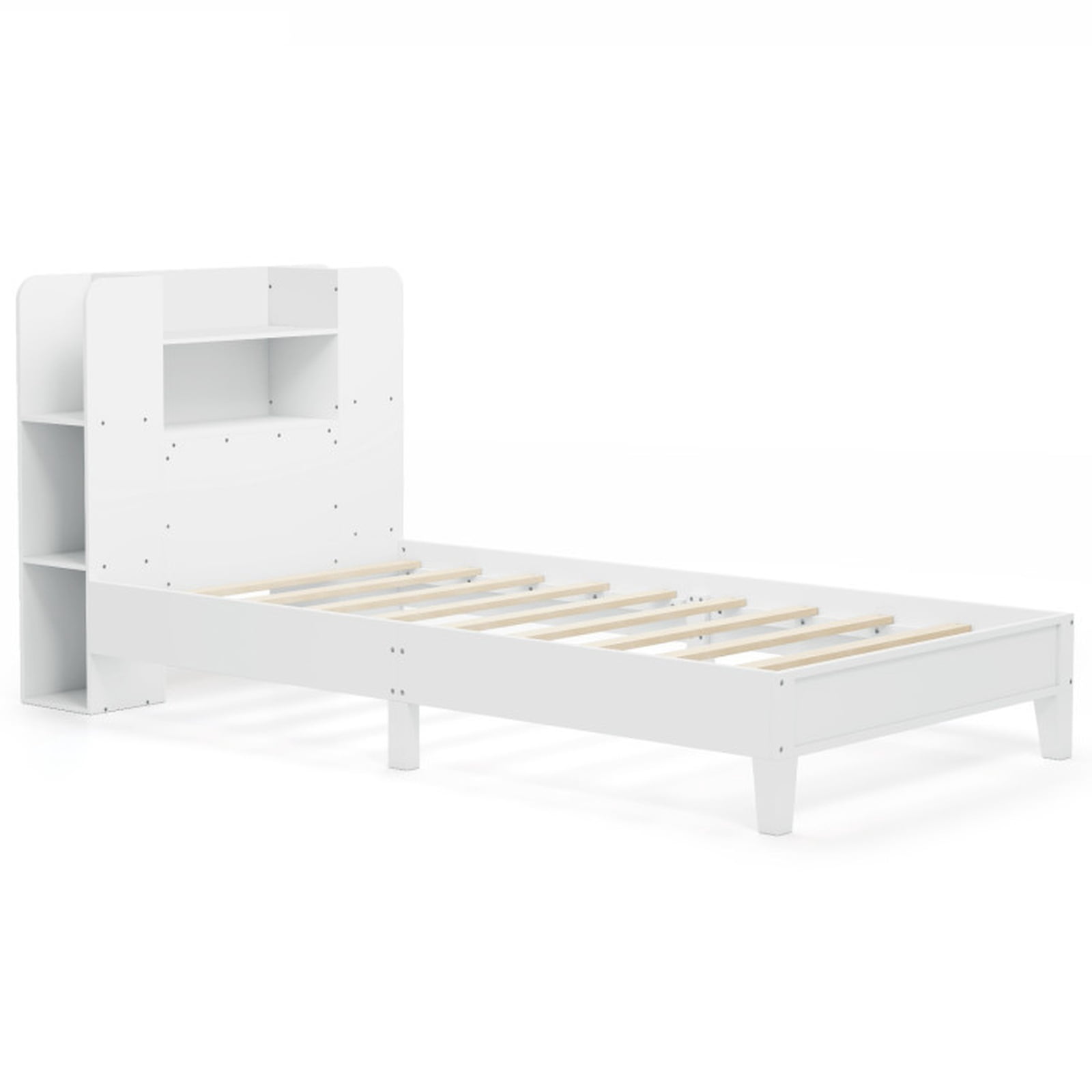 Furnibear Twin Platform Bed Frame with Built in Bookcase Headboard 2 Tier Shelf 6 Open Compartments Solid Wood Slats and No Box Spring Needed, White
