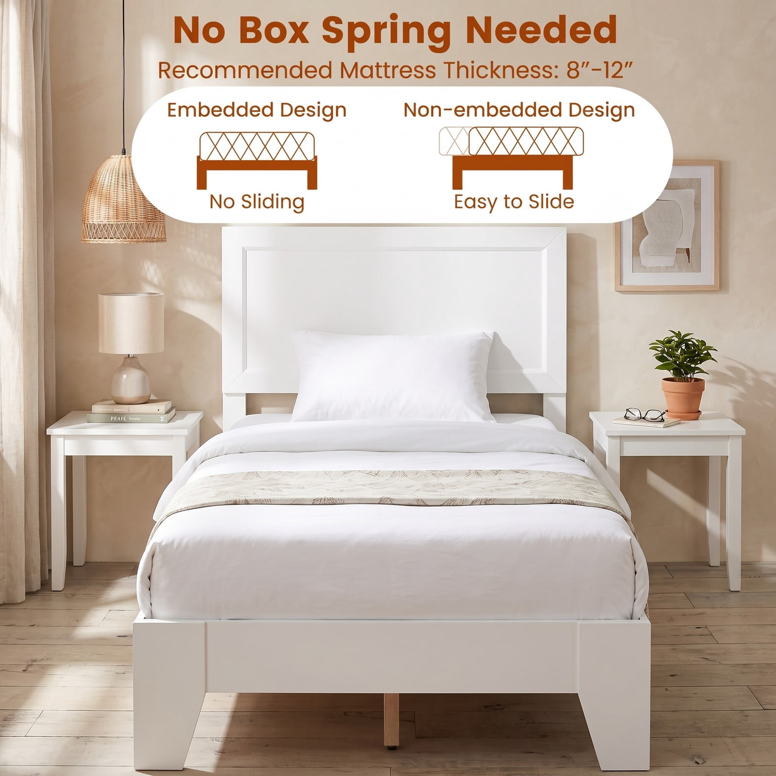 Furnibear Twin Bed Frame Wood Platform Bed with Paneled Headboard, No Box Spring Needed Wooden Platform Bed for Small Rooms, White