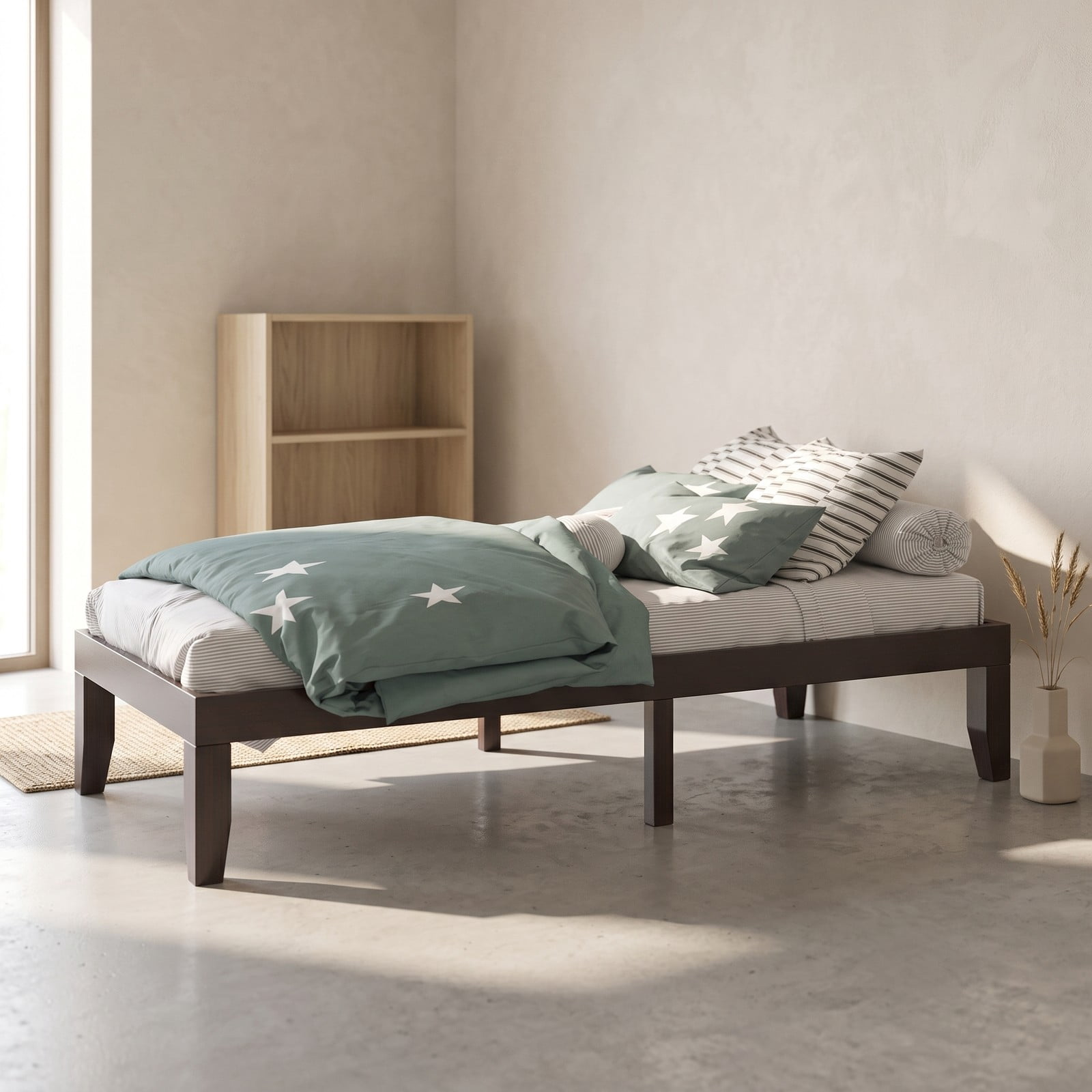 Furnibear Twin Bed Frame, 14 Inch Solid Wood Platform Bed with 14 Wooden Slats and Under-Bed Storage, No Box Spring Needed, Espresso